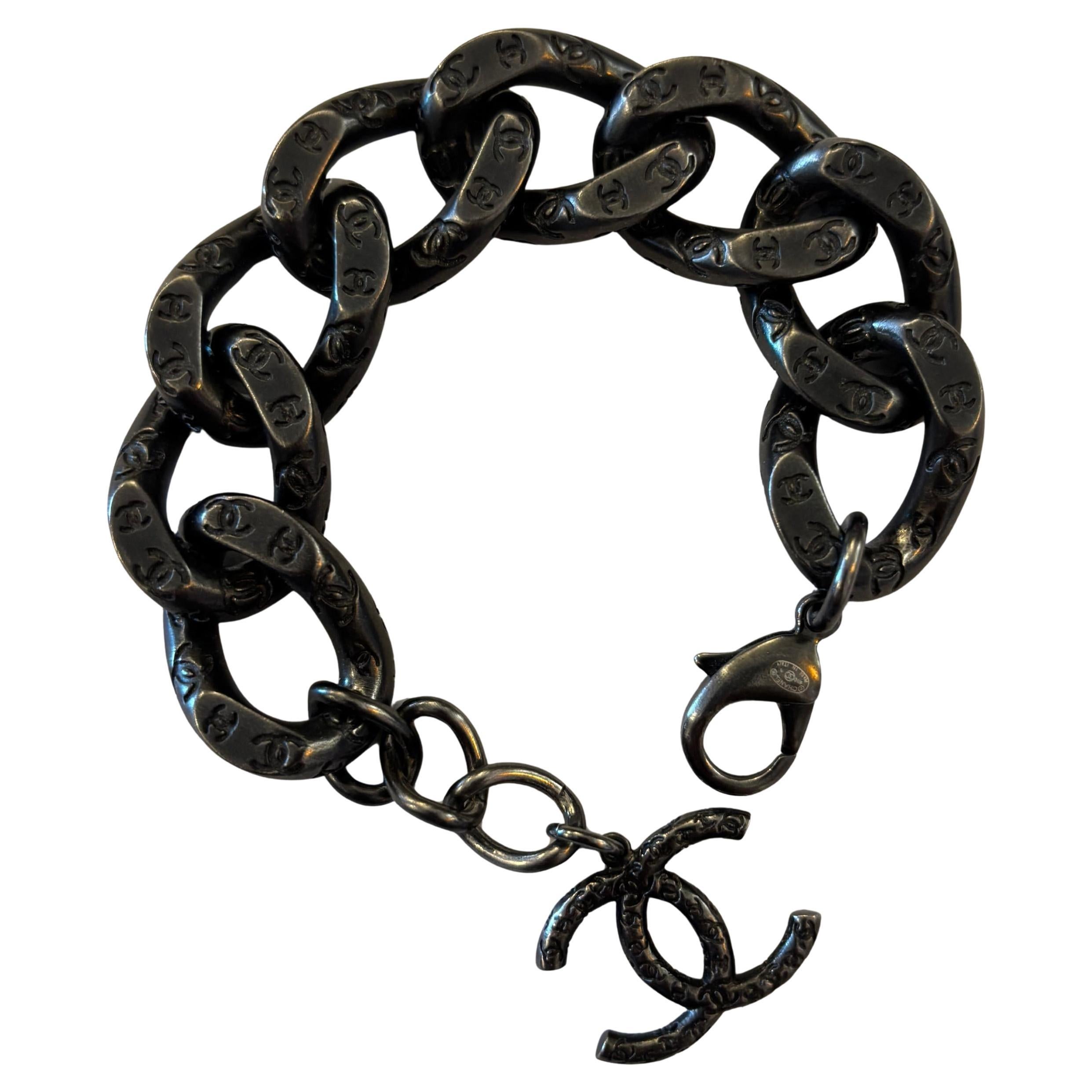 2010s CHANEL Black Silver Toned Chain Link Bracelet Unisex Mens For Sale