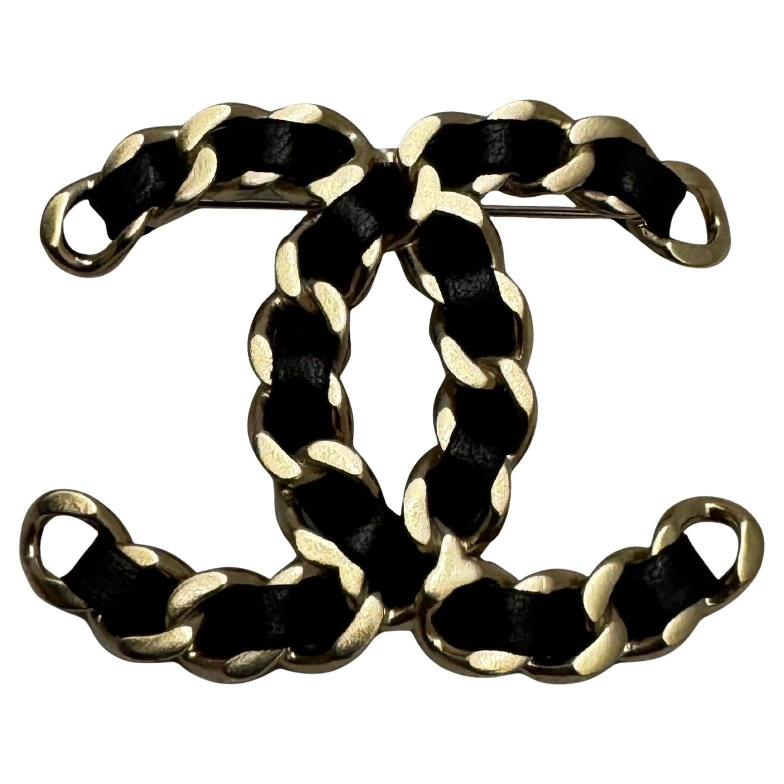 2010s CHANEL CC Leather Chain Brooch Silver Black