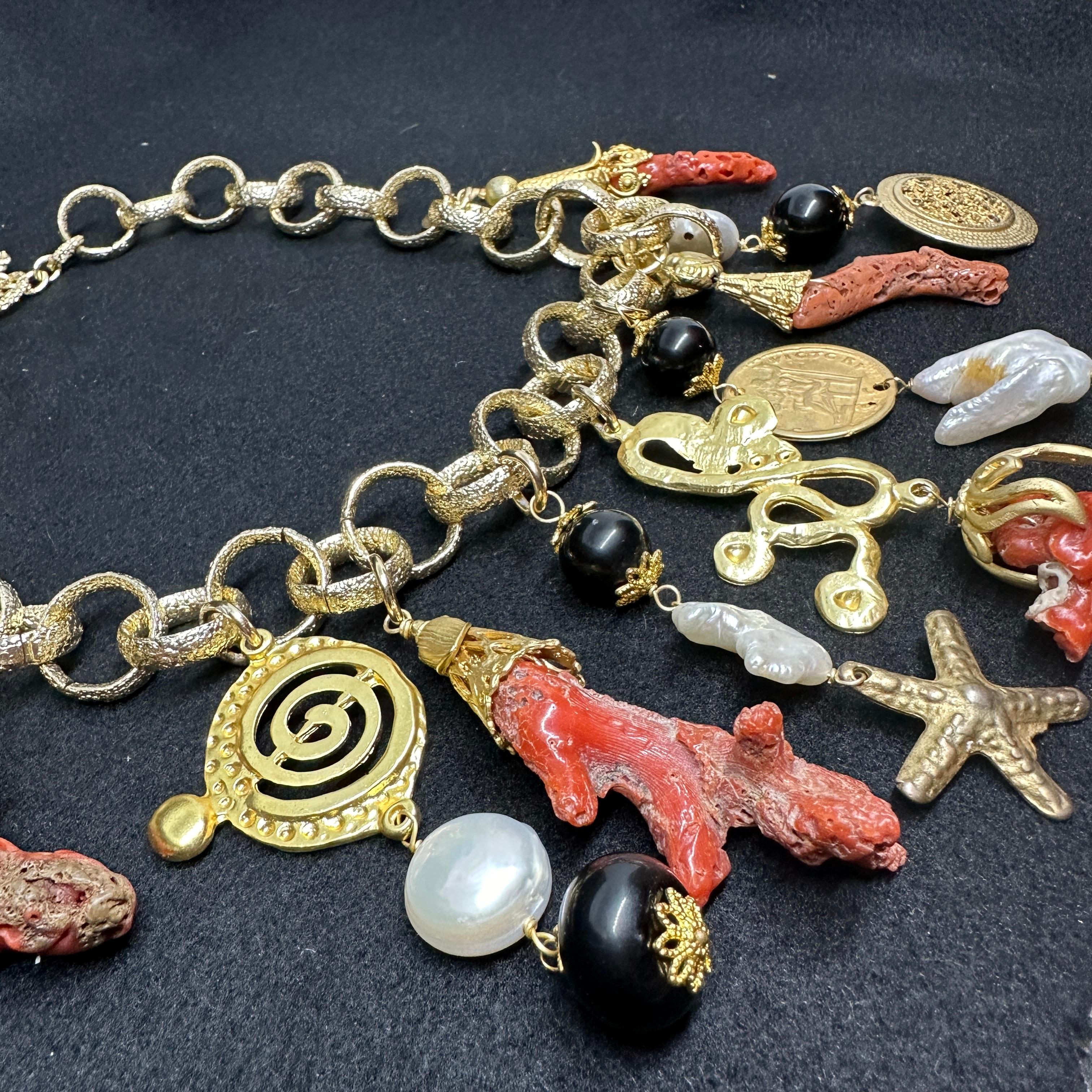 Antique Cushion Cut 2010s Contemporary Coral and Brass Charm Necklace by Almala