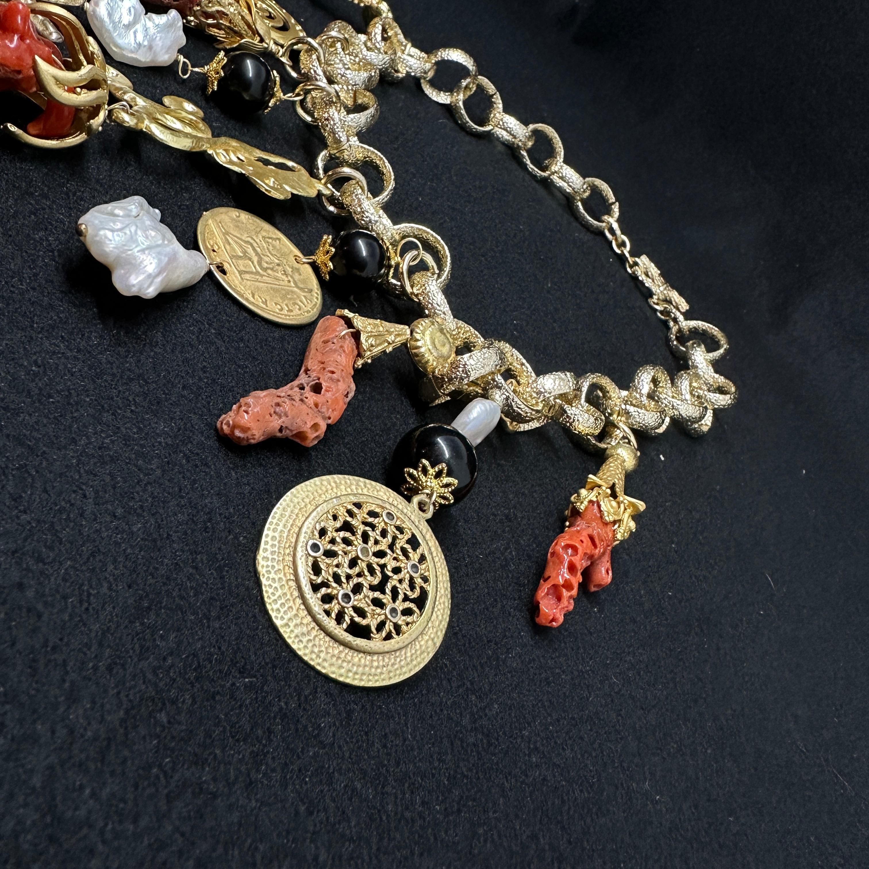 Women's 2010s Contemporary Coral and Brass Charm Necklace by Almala