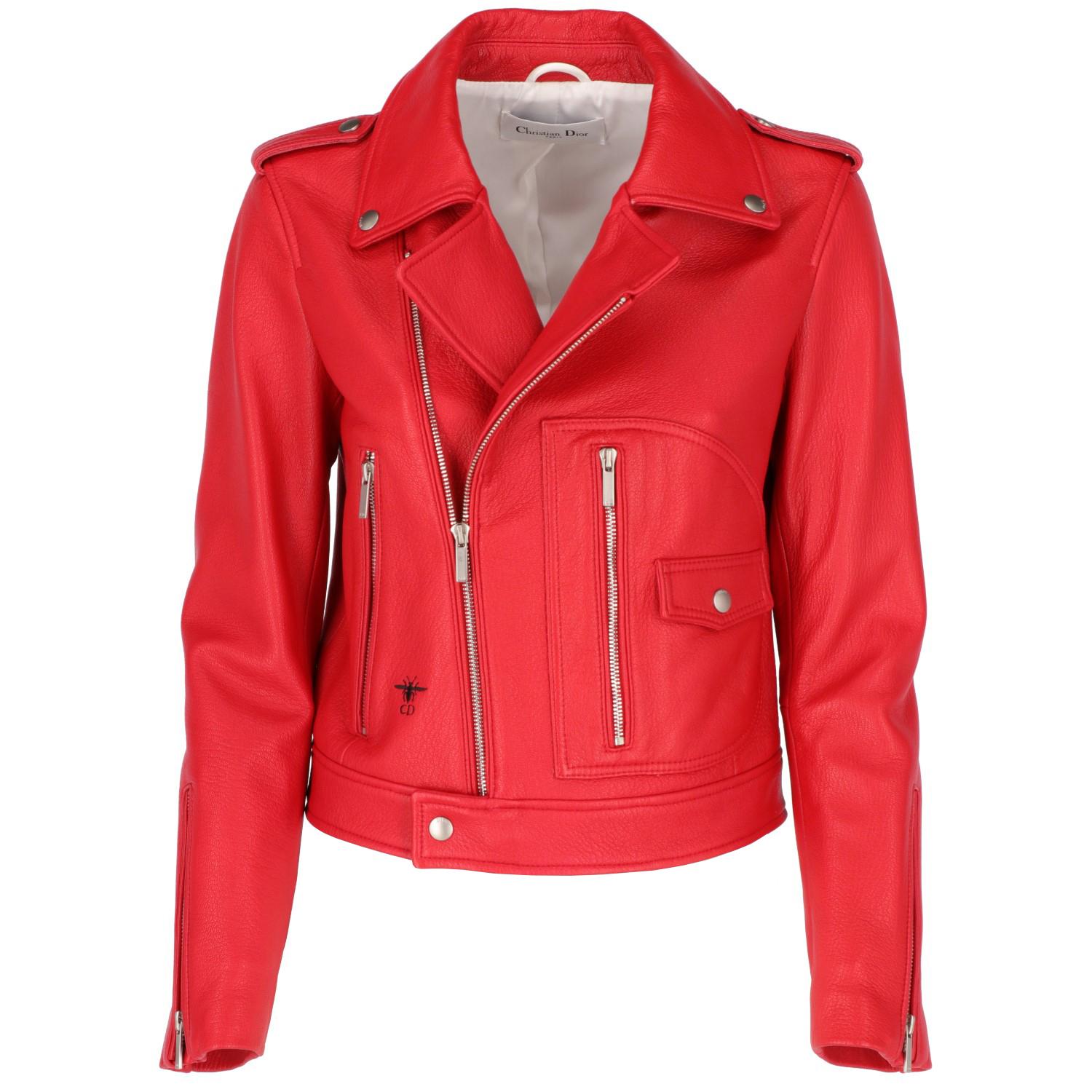 Christian Dior red leather biker jacket, 100% sheep leather, featuring press buttons with 