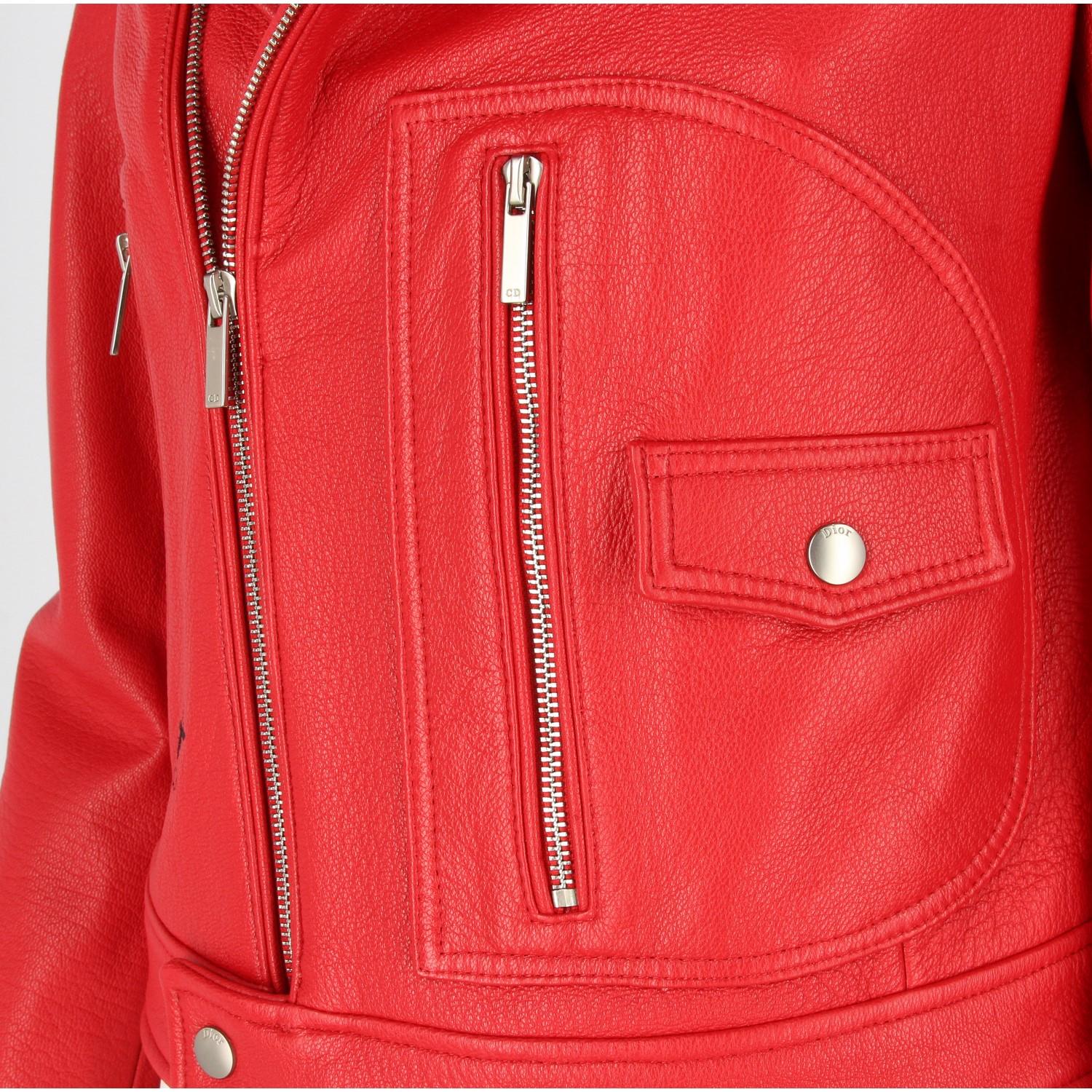 2010s Dior Red Leather Biker Jacket In New Condition In Lugo (RA), IT