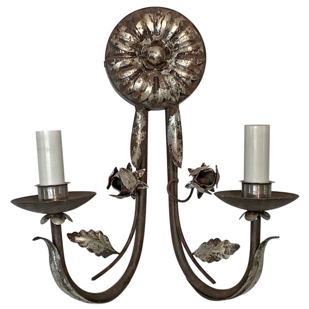 2010s Florentine Wrought Iron 2-Arm Wall Sconce Done in a Silver Gilt Finish