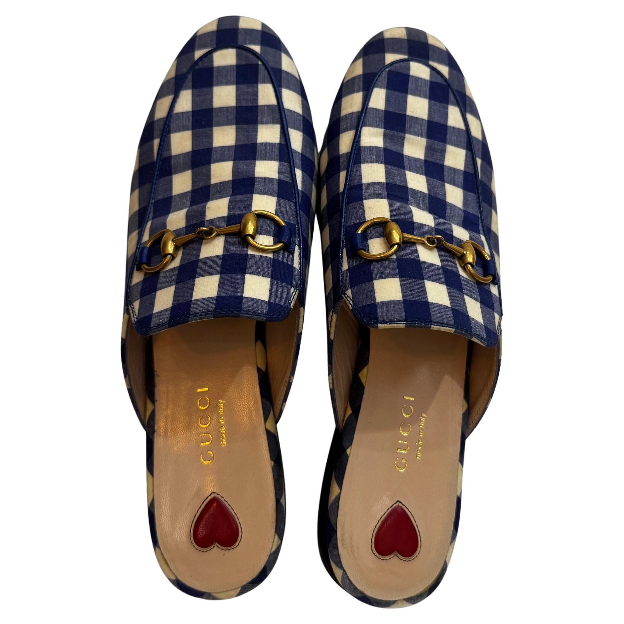 2010s GUCCI Princetown Horsebit Black White Plaid Slippers Loafer Women EU 36.5 In Excellent Condition For Sale In Bangkok, TH