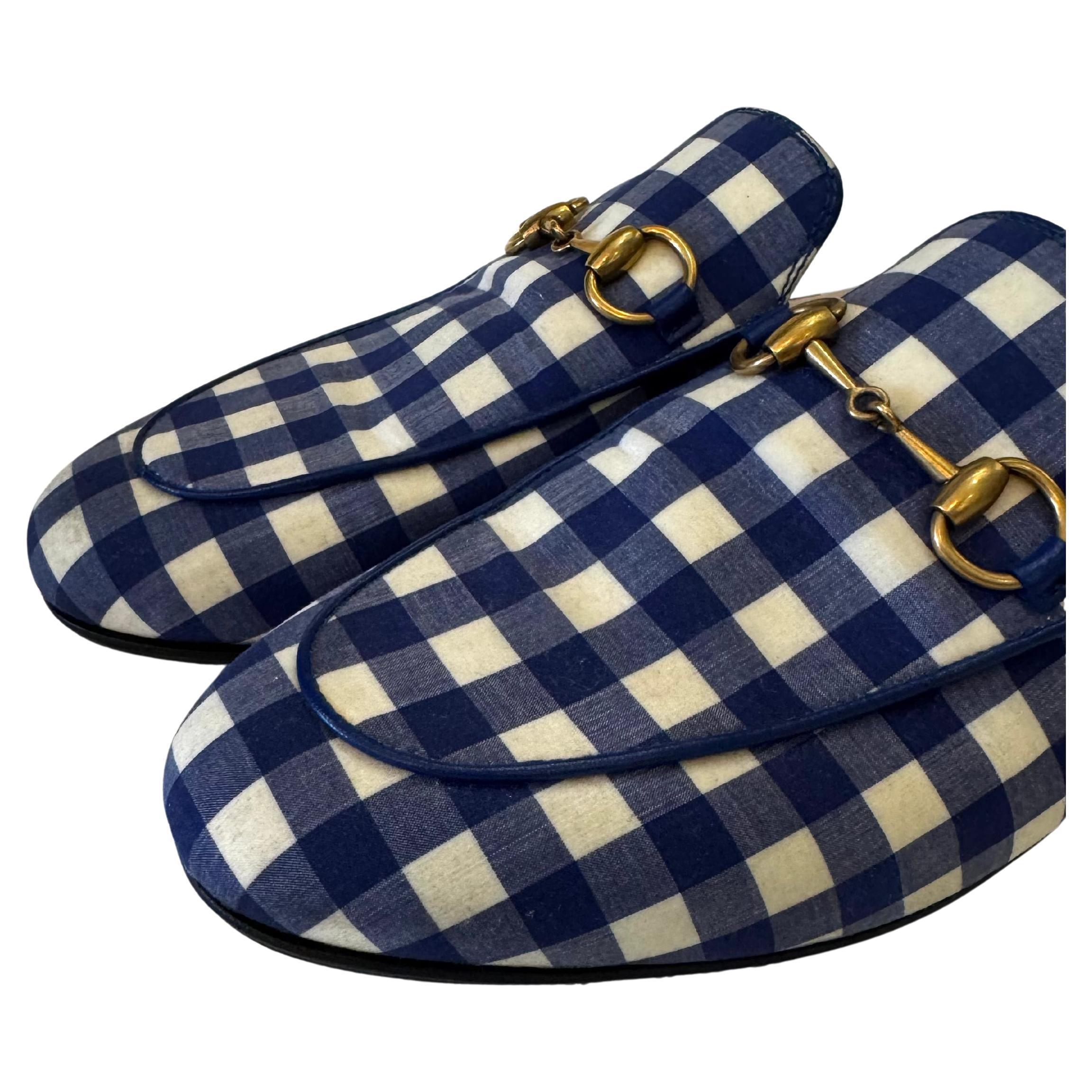 2010s GUCCI Princetown Horsebit Black White Plaid Slippers Loafer Women EU 36.5 For Sale 1