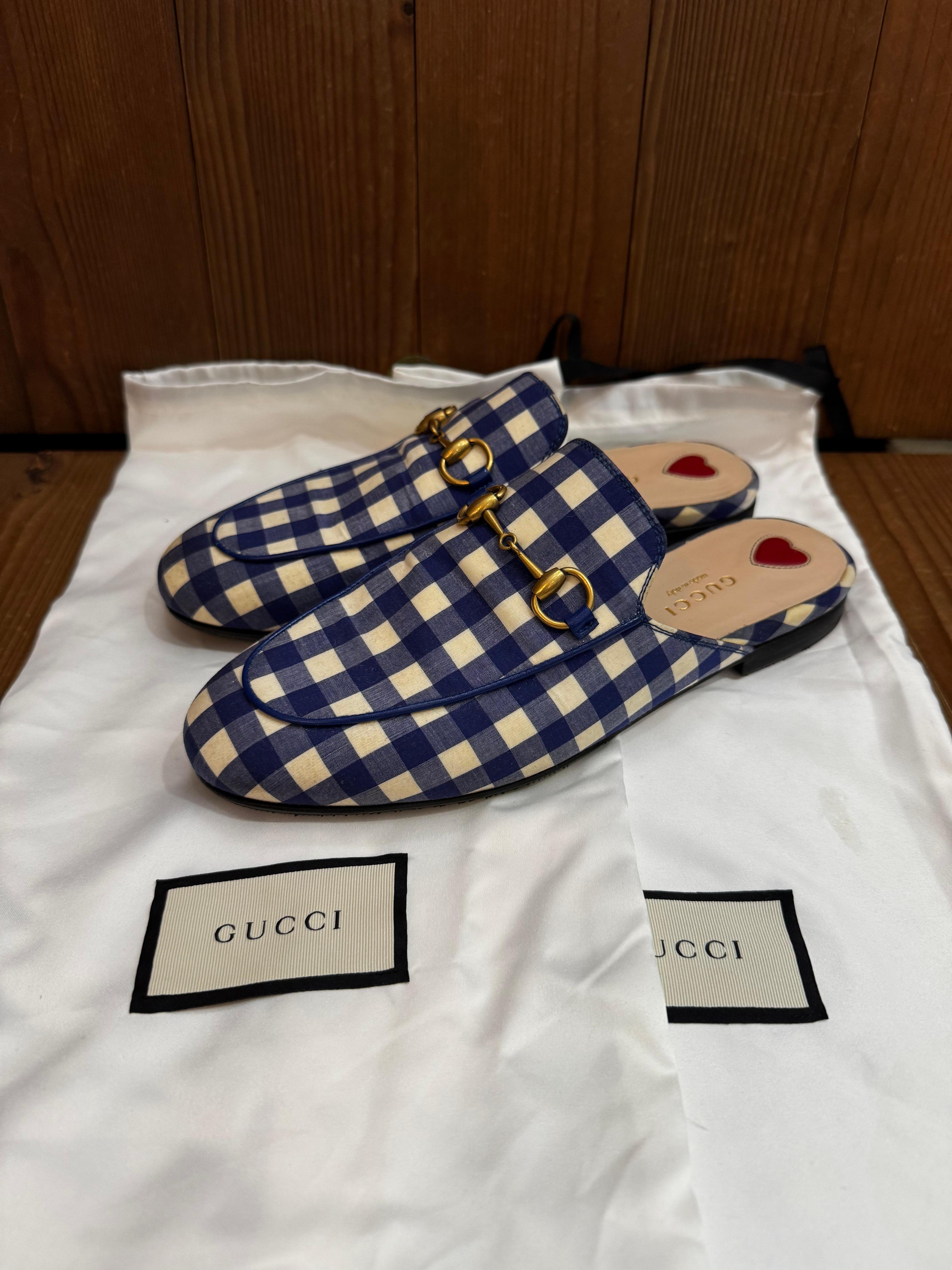 2010s GUCCI Princetown Horsebit Black White Plaid Slippers Loafer Women EU 36.5 For Sale 2