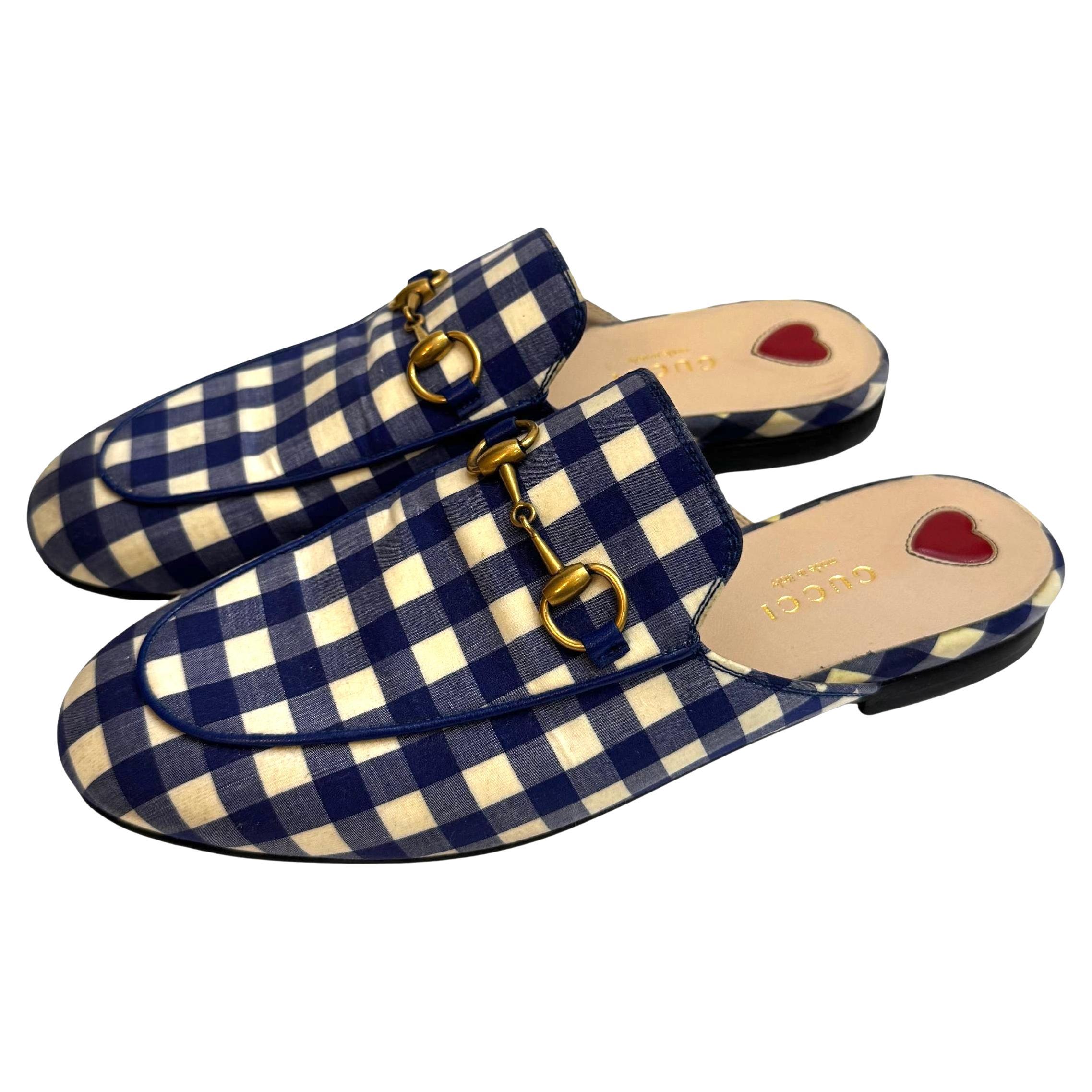2010s GUCCI Princetown Horsebit Black White Plaid Slippers Loafer Women EU 36.5 For Sale