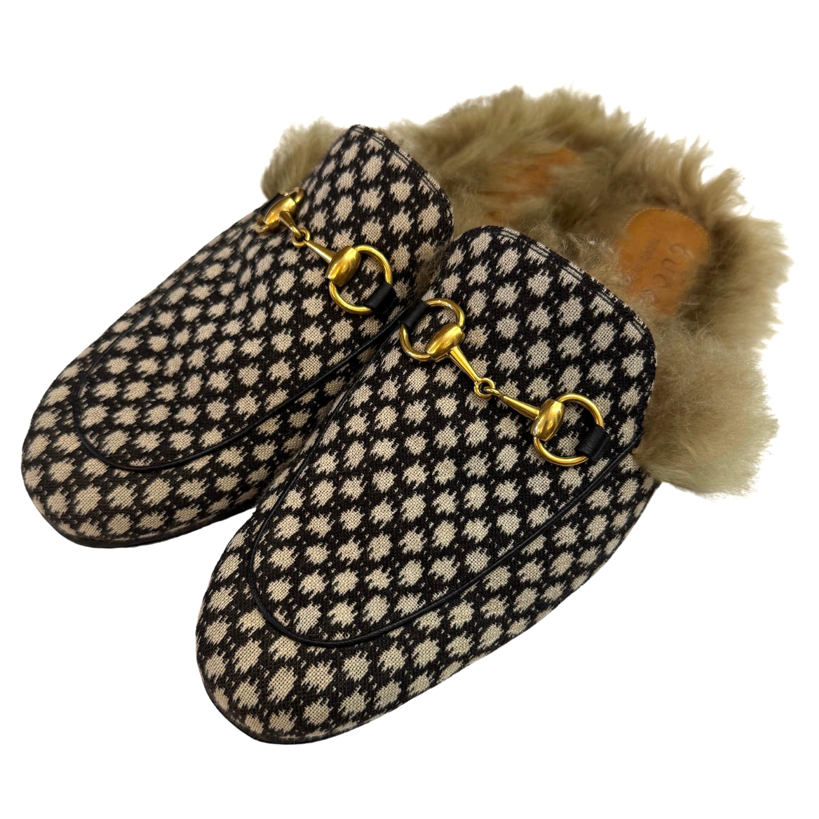 Brown 2010s GUCCI Princetown Horsebit Black & White Jacquard Slippers Loafer Mens For Sale