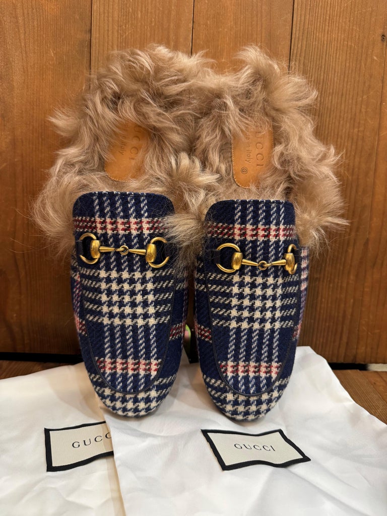 Unworn 2010s GUCCI Princetown Horsebit Tartan Tweed Slippers