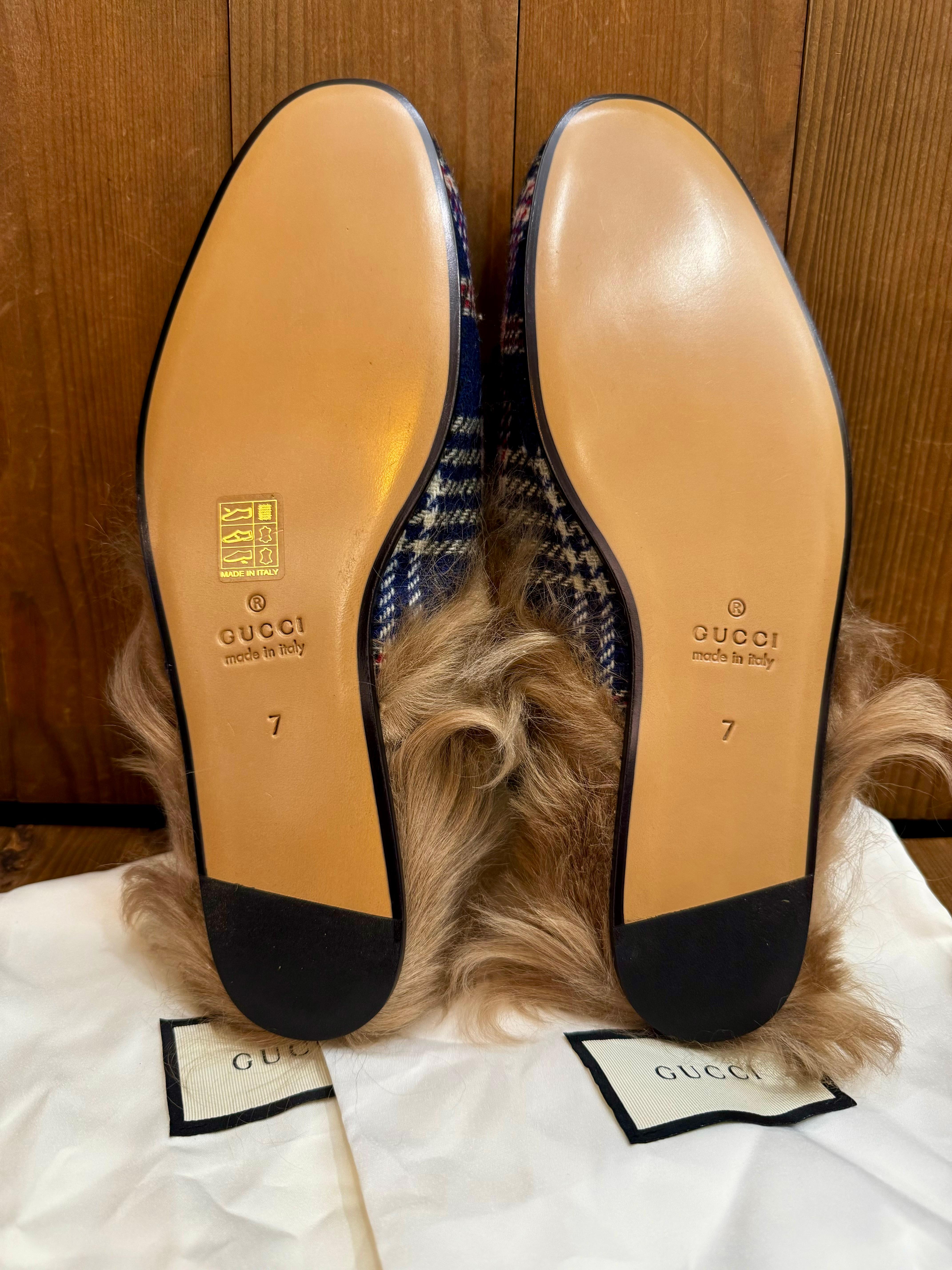 Brown Unworn 2010s GUCCI Princetown Horsebit Tartan Tweed Slippers Loafer Navy