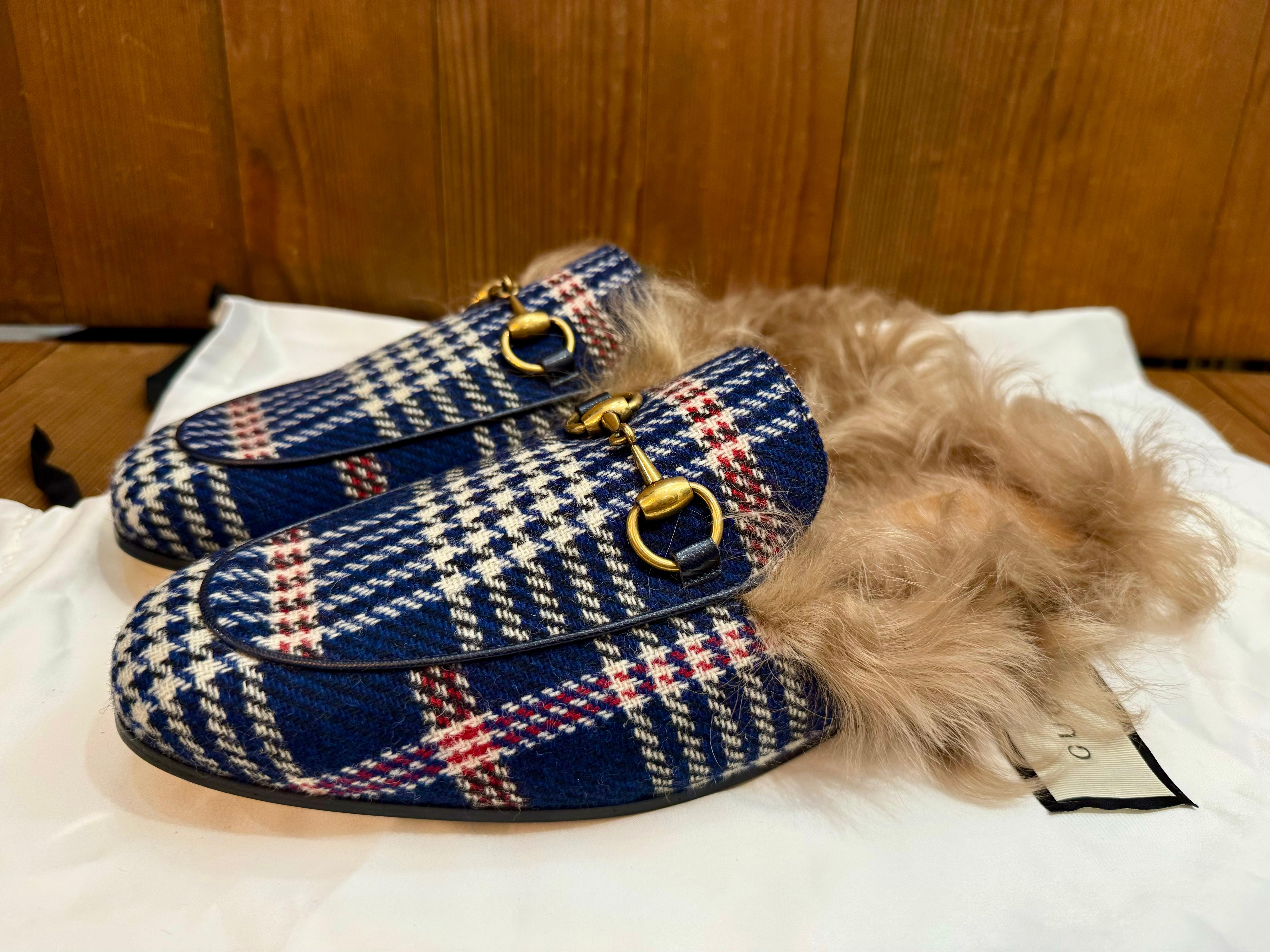 Unworn 2010s GUCCI Princetown Horsebit Tartan Tweed Slippers Loafer Navy In New Condition In Bangkok, TH