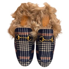 Unworn 2010s GUCCI Princetown Horsebit Tartan Tweed Slippers Loafer Navy