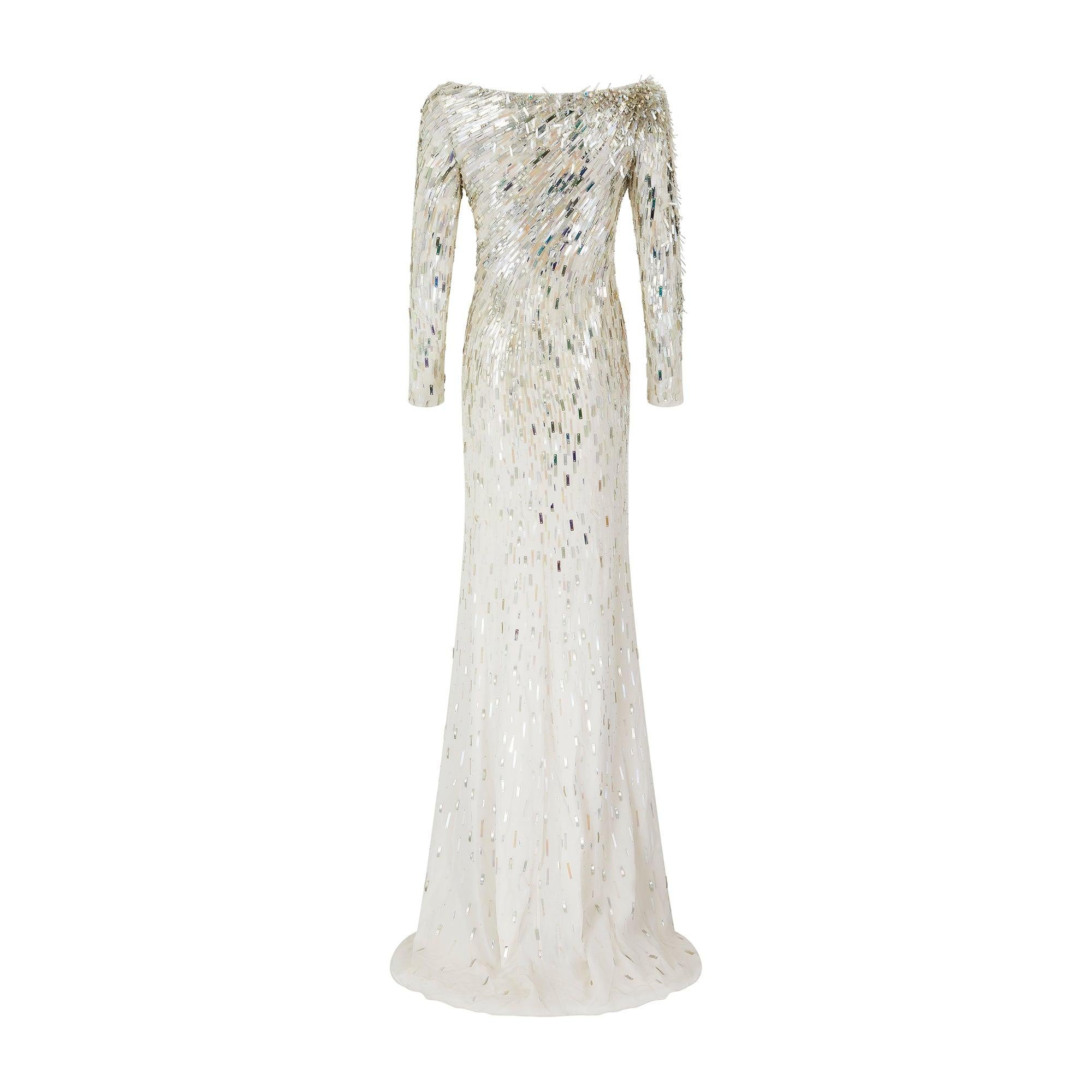 Gray 2010s Jenny Packham White and Gold Palette Sequin Maxi Dress For Sale