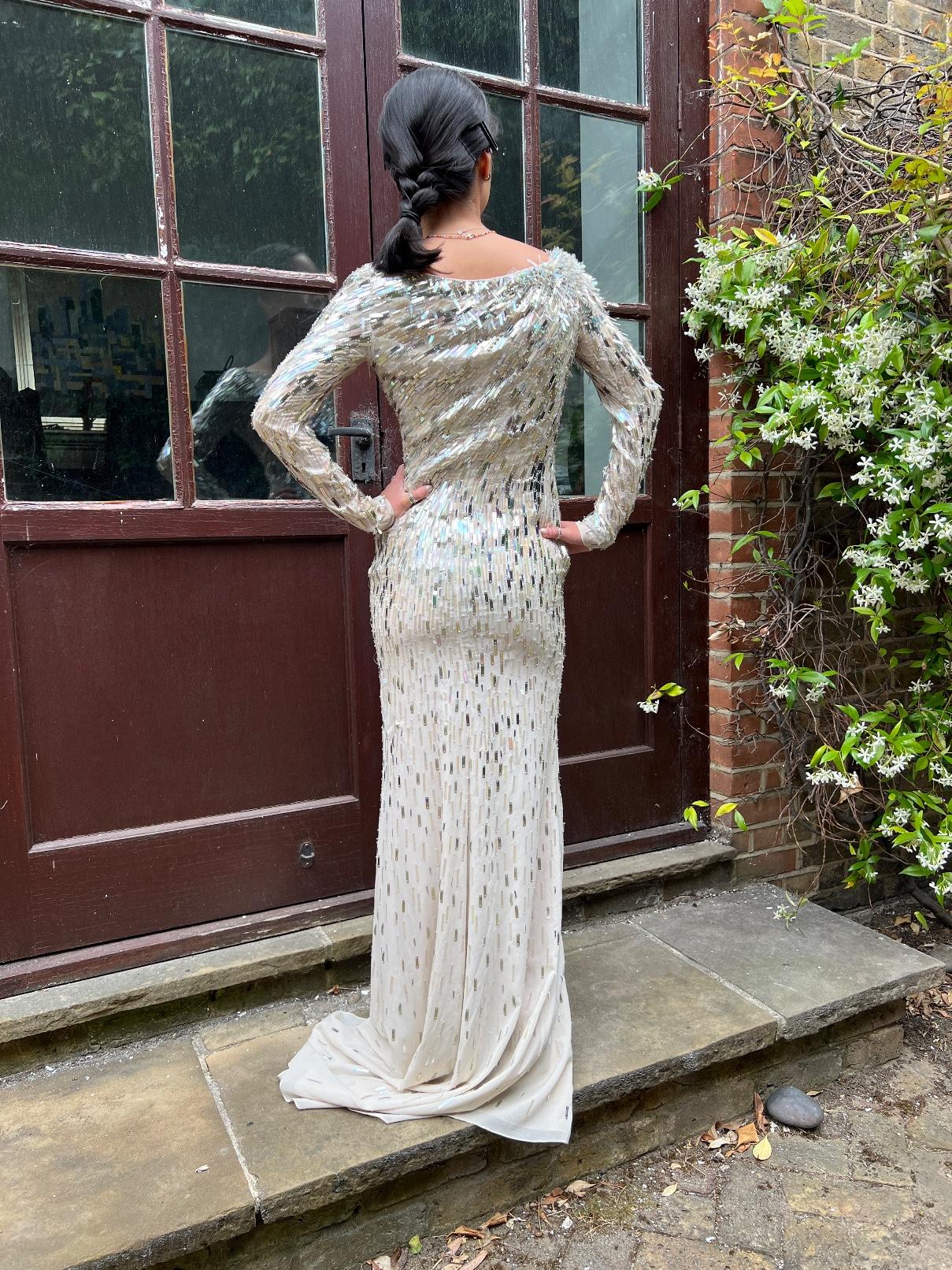 2010s Jenny Packham White and Gold Palette Sequin Maxi Dress For Sale 2