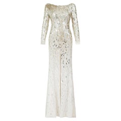 Maxi abito di paillettes in palette bianca e oro Jenny Packham degli anni 2010