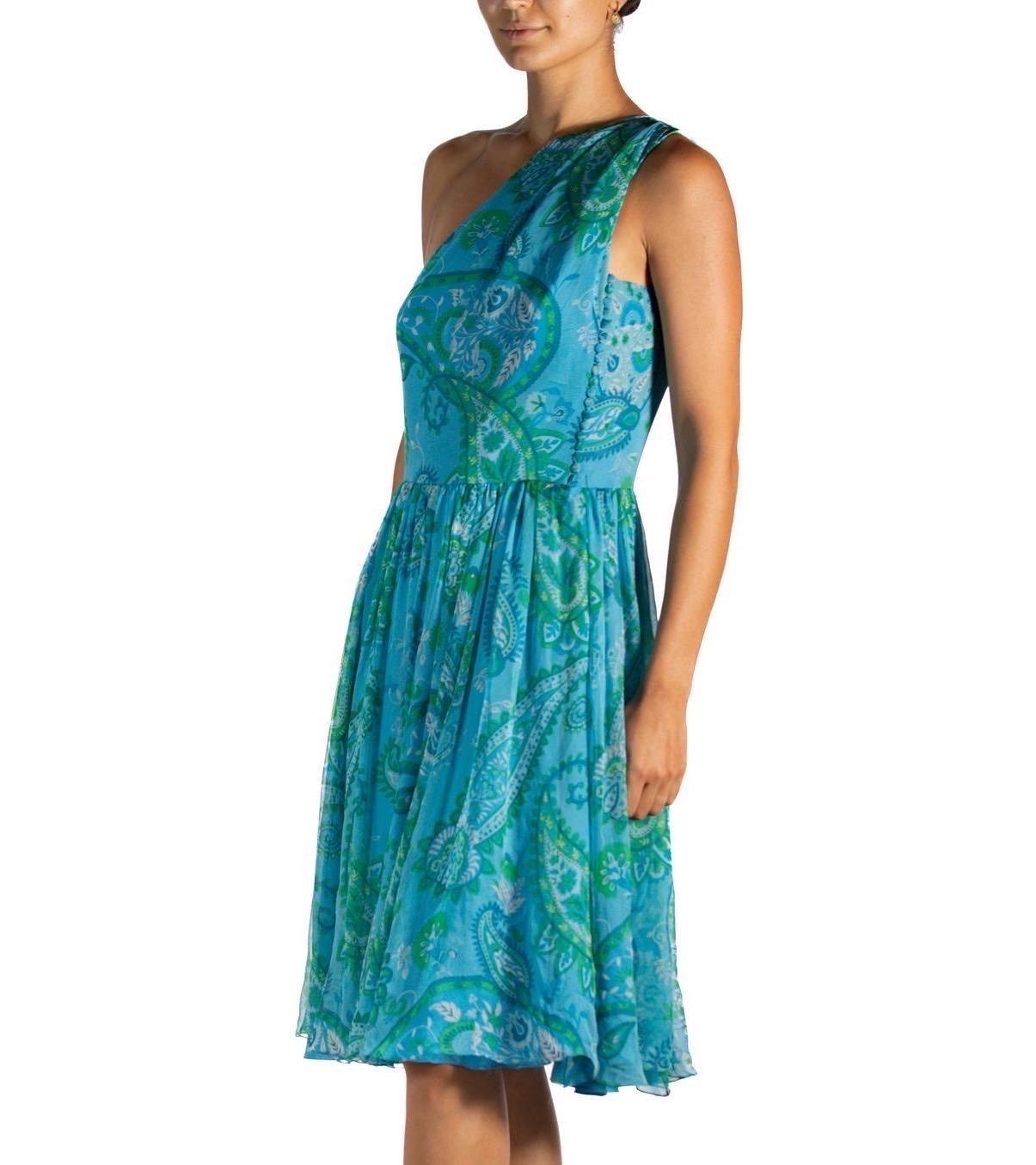 2010S John Galliano Christian Dior Blue & Green Paisley Silk Chiffon One Should In Excellent Condition For Sale In New York, NY