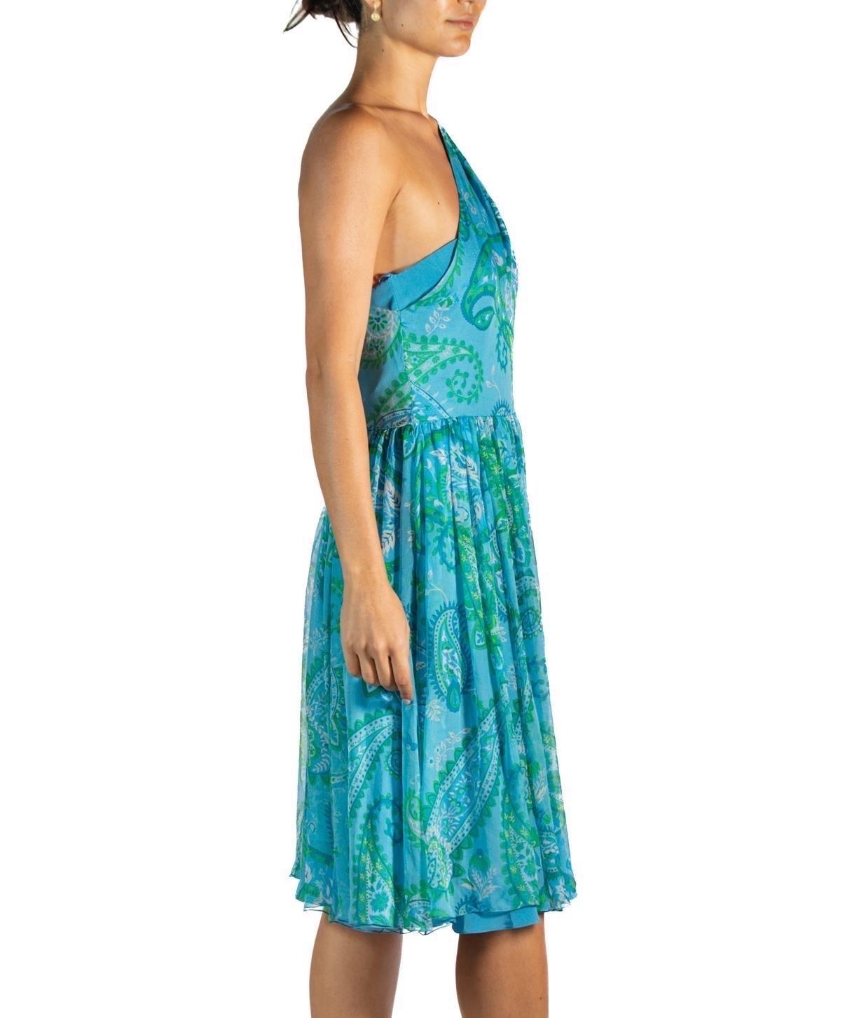 Women's 2010S John Galliano Christian Dior Blue & Green Paisley Silk Chiffon One Should For Sale