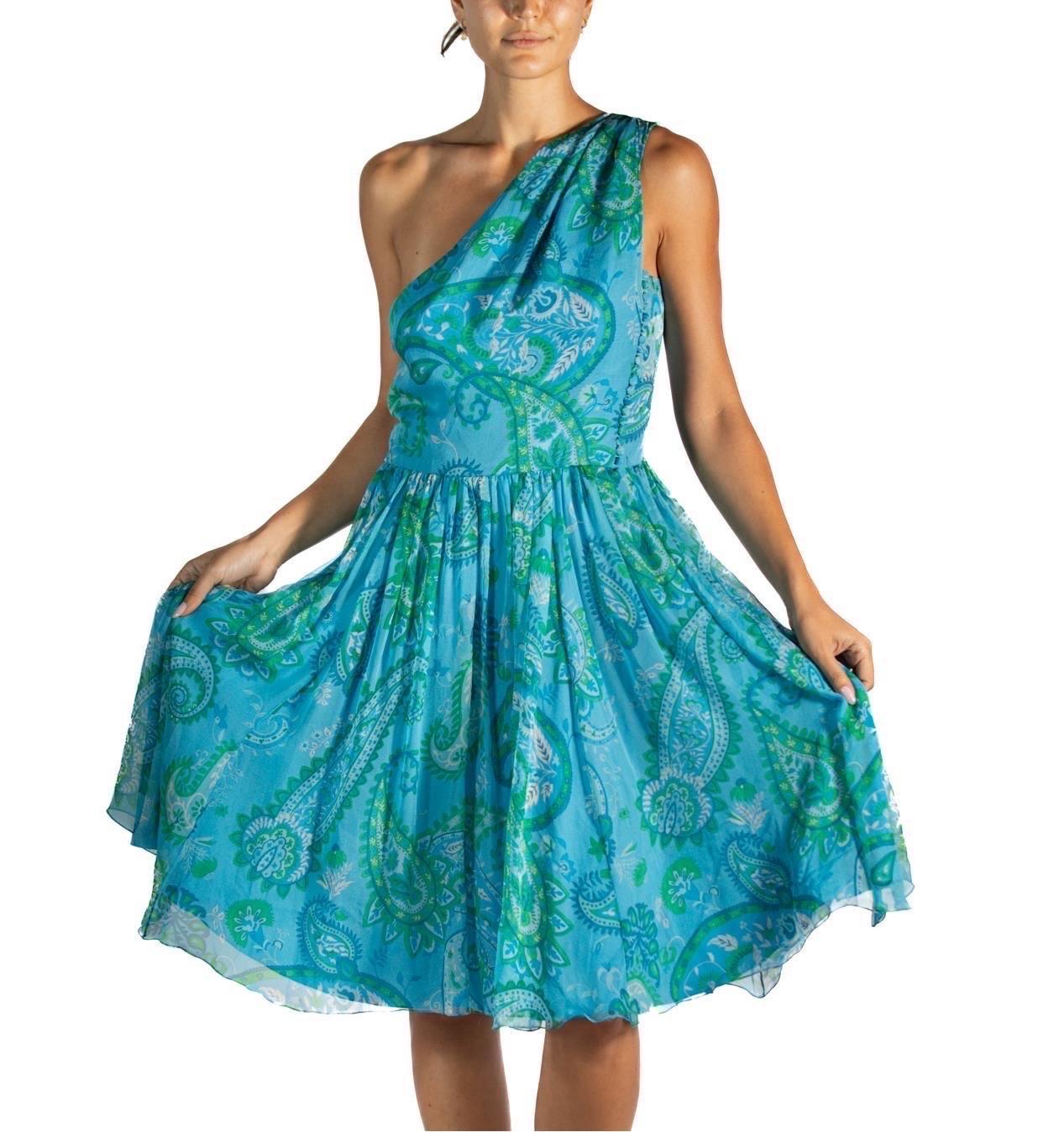 2010S John Galliano Christian Dior Blue & Green Paisley Silk Chiffon One Should For Sale 2