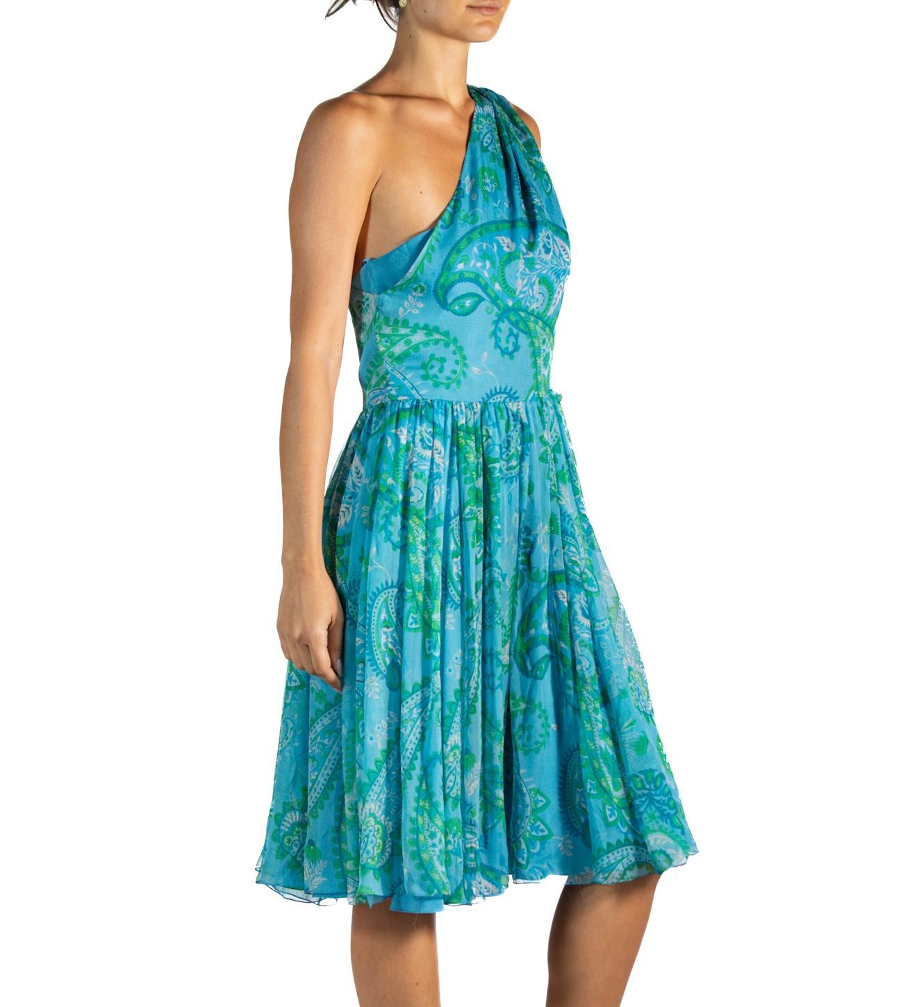 2010S John Galliano Christian Dior Blue & Green Paisley Silk Chiffon One Should For Sale 3