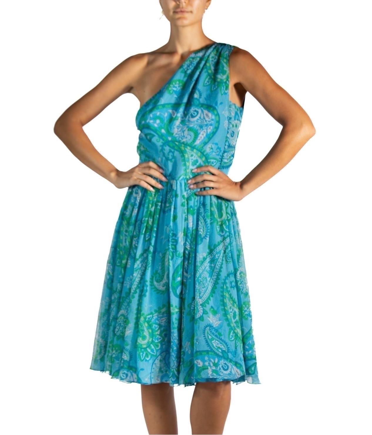 2010S John Galliano Christian Dior Blue & Green Paisley Silk Chiffon One Should For Sale 4