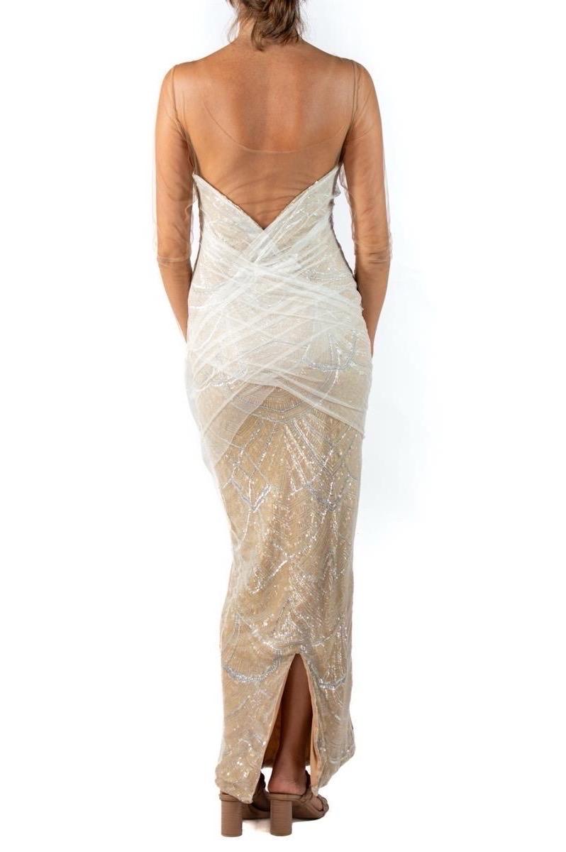 2010S Marchesa Pearl White Beaded Silk & Tulle Gown For Sale 5