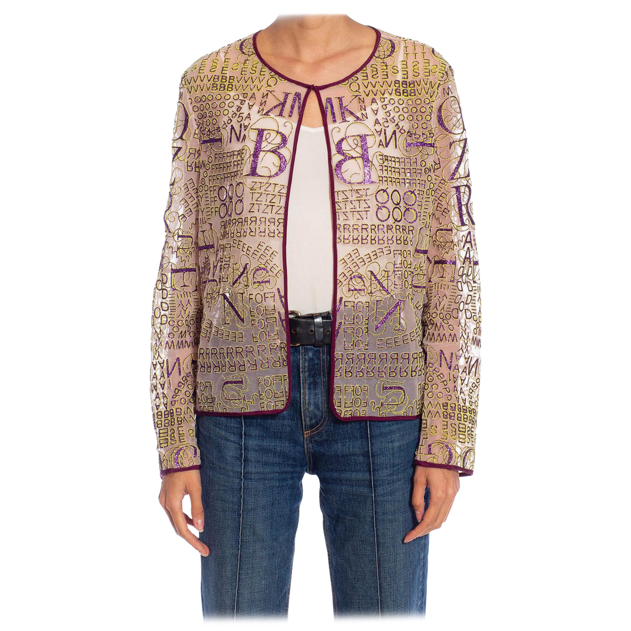 ARY KATRANTZOU - Veste imprimée graffiti lilas en poly/rayon/nylon pailletée, années 2010 en vente