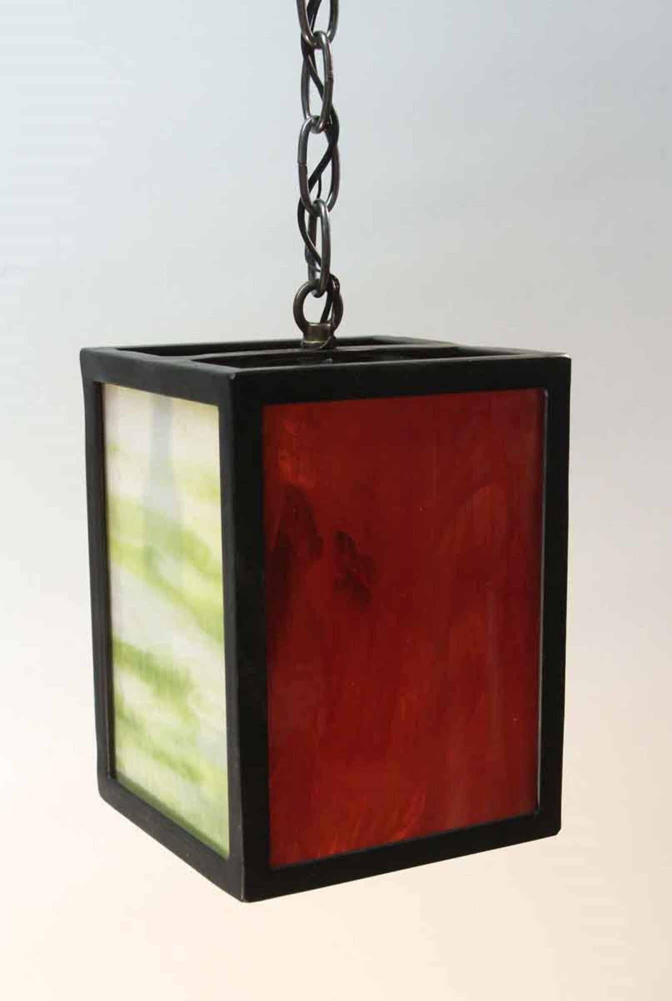 American 2010s Iron Lantern Pendant Light with Stained Glass Mid-Century Modern Style