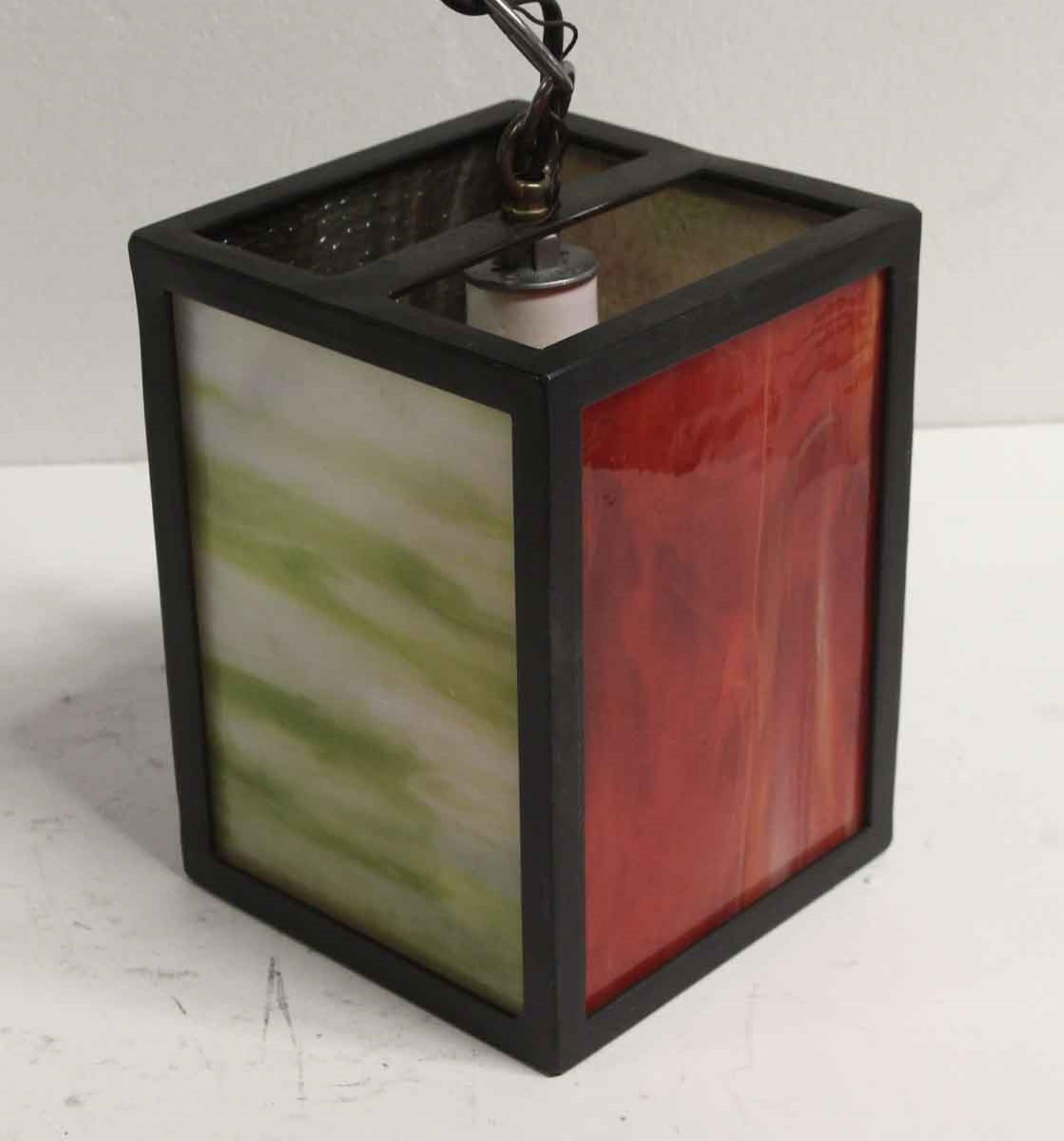 2010s Iron Lantern Pendant Light with Stained Glass Mid-Century Modern Style 1