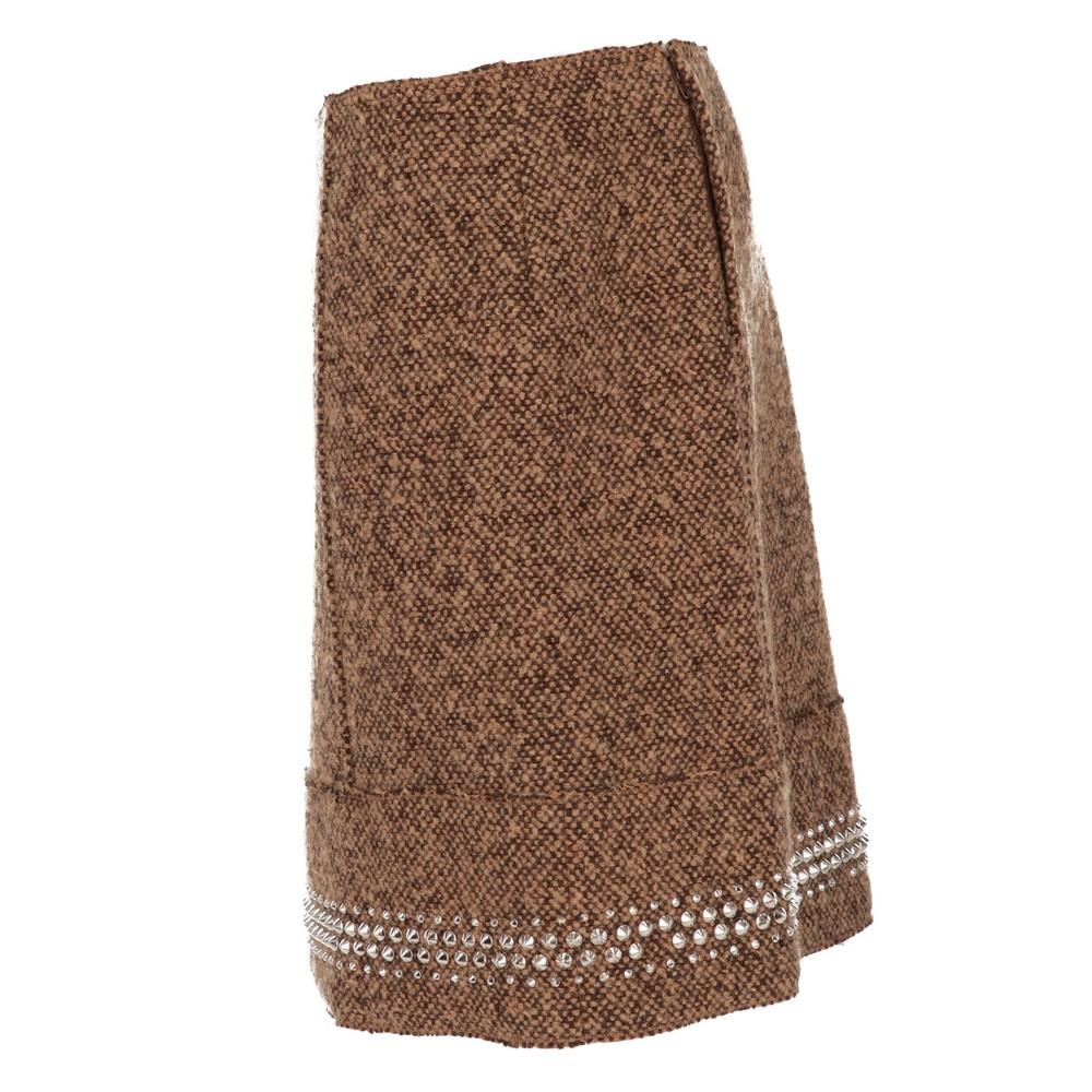 Miu Miu beige and brown salt and pepper virgin wool skirt. Concealed side zip fstening and decorative studs on the bottom.
Item shows some missing studs, as shown in the pictures.

Years: 2010s
Made in Italy

Size: 44 IT
Flat measurements
Height: 48