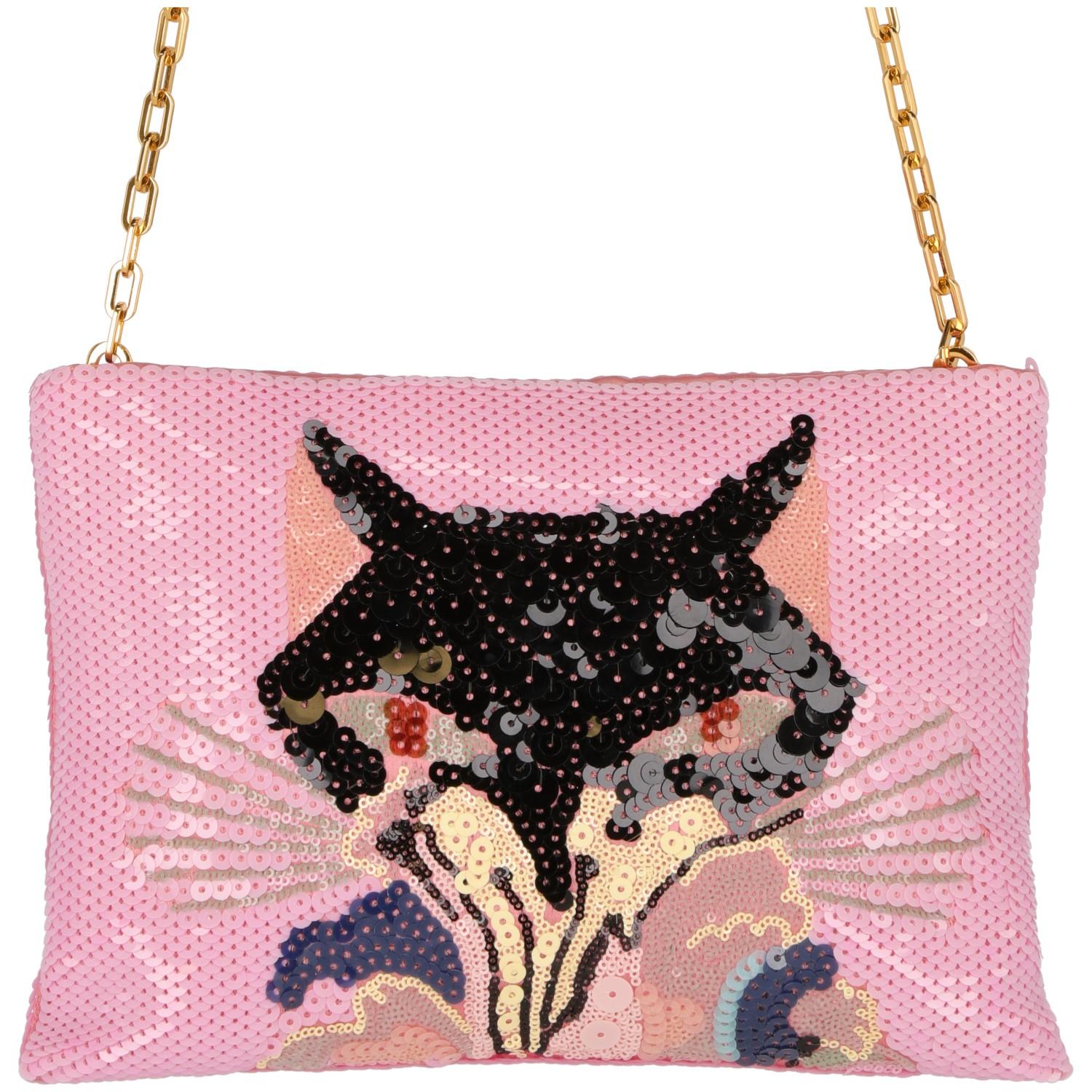  The stylish pink sequins Miu Miu bag features the funny front cat decor with colored and shiny sequins. With gold-tone chain shoulder strap, zip-fastening closure and branded details, the bag is lined by pink satin and blue covered inner edges. In