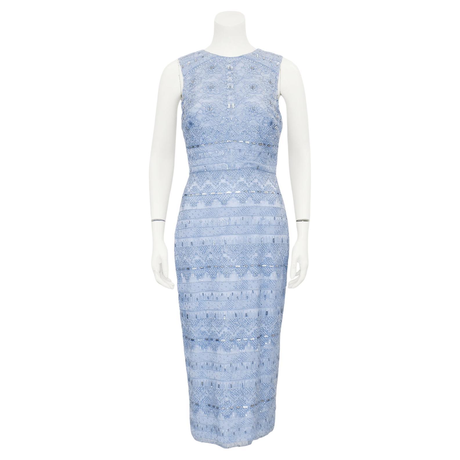 2010s Monique Lhuillier Blue Beaded Dress For Sale