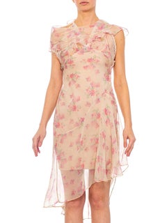MORPHEW COLLECTION Baby Pink Floral Silk Chiffon Dress With Ruffle Cape Back