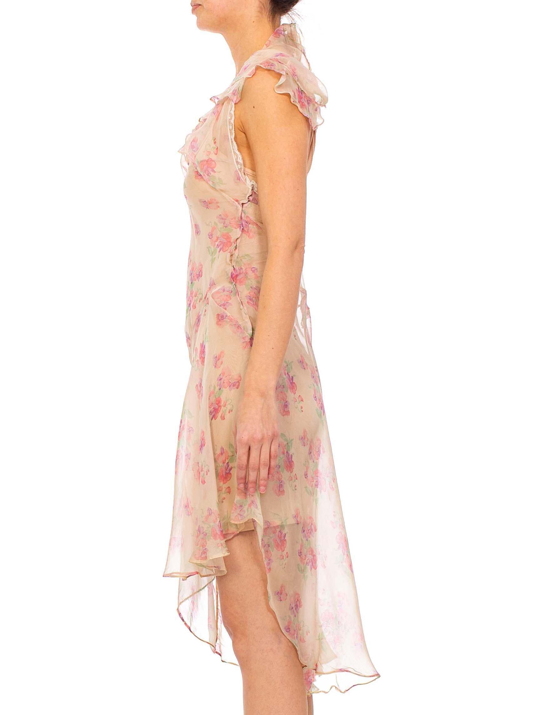 Beige MORPHEW COLLECTION Baby Pink Floral Silk Chiffon Dress With Ruffle Cape Back