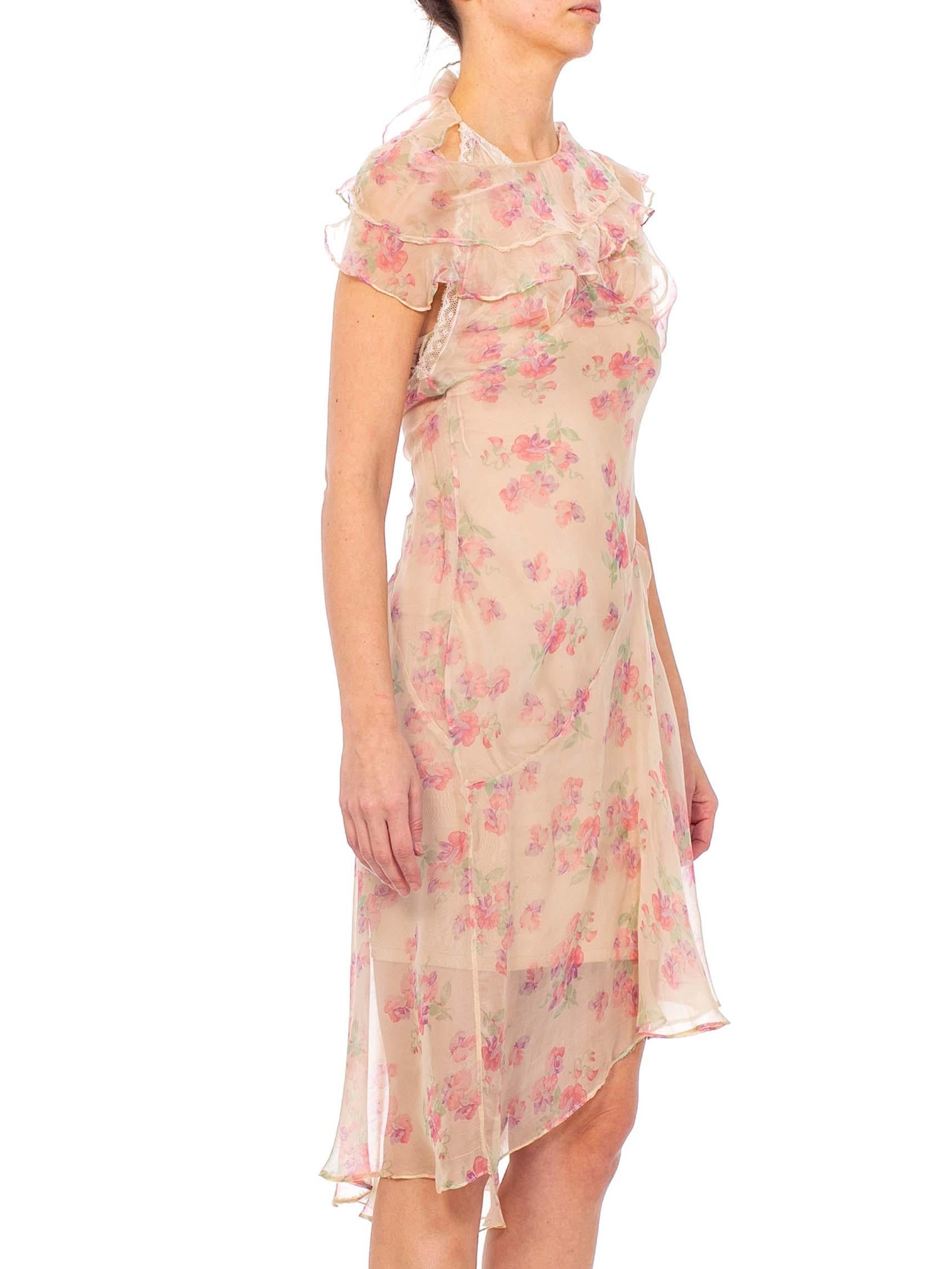 MORPHEW COLLECTION Baby Pink Floral Silk Chiffon Dress With Ruffle Cape Back In Excellent Condition In New York, NY