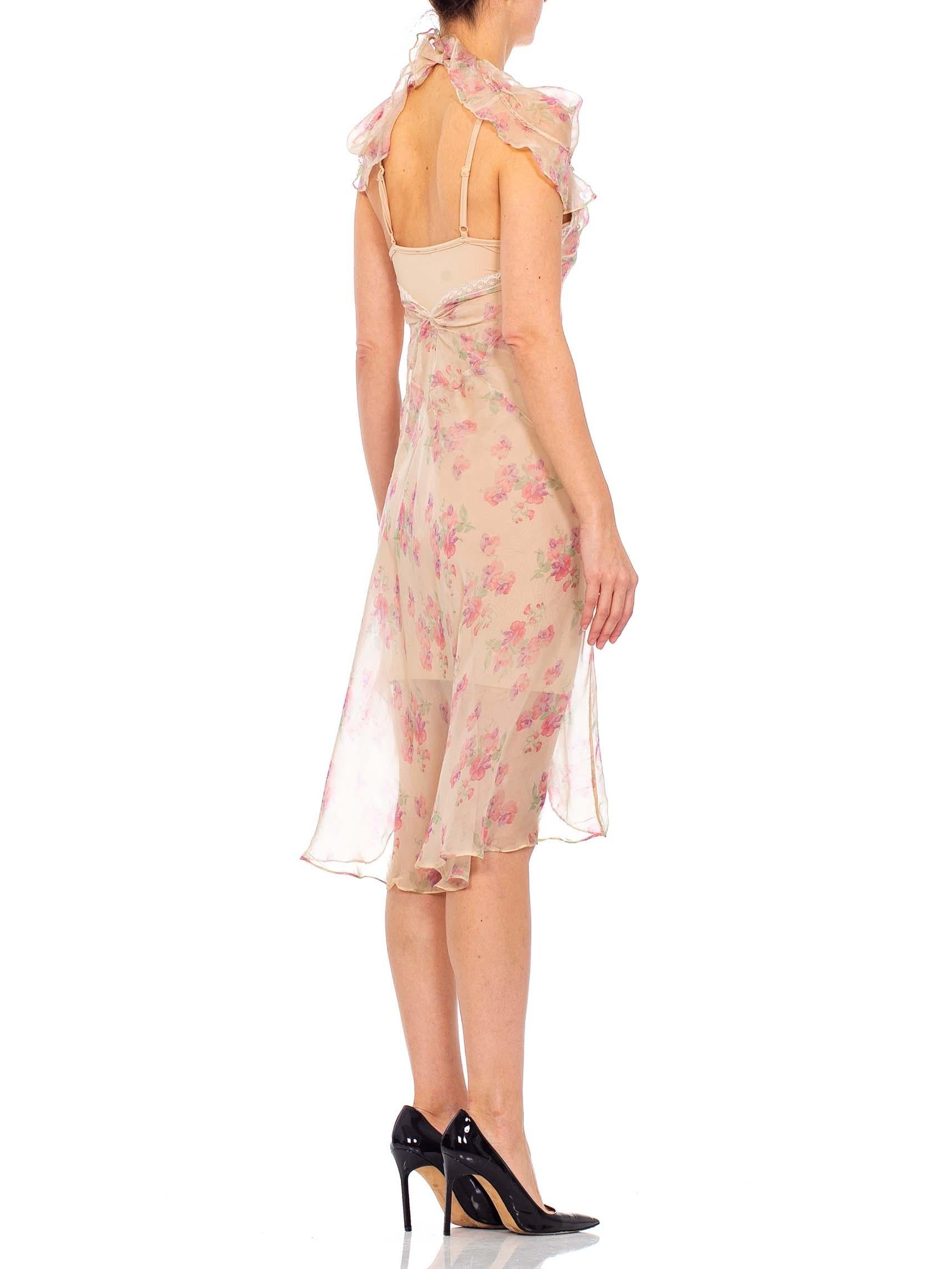 MORPHEW COLLECTION Baby Pink Floral Silk Chiffon Dress With Ruffle Cape Back 2