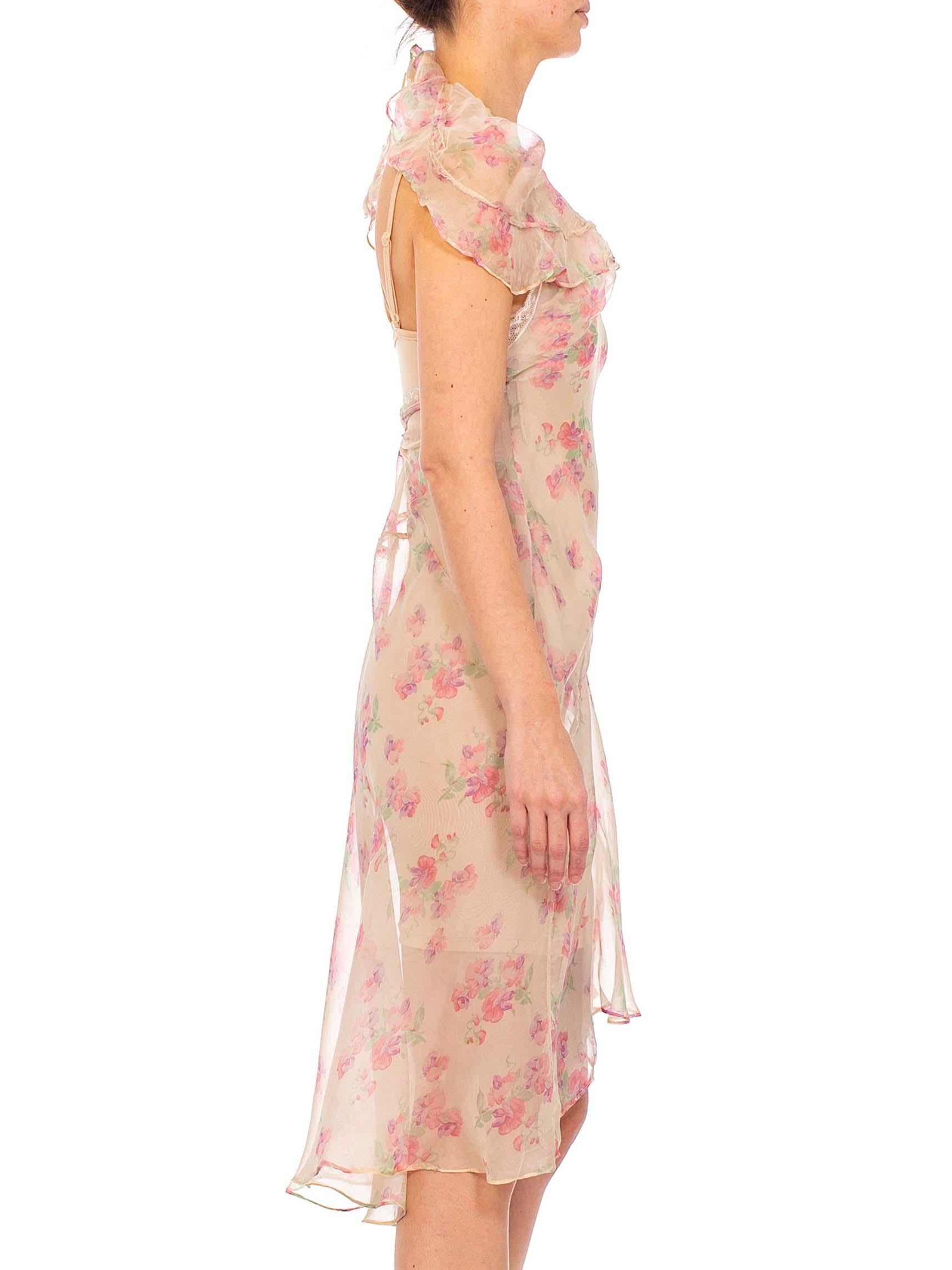 MORPHEW COLLECTION Baby Pink Floral Silk Chiffon Dress With Ruffle Cape Back 4