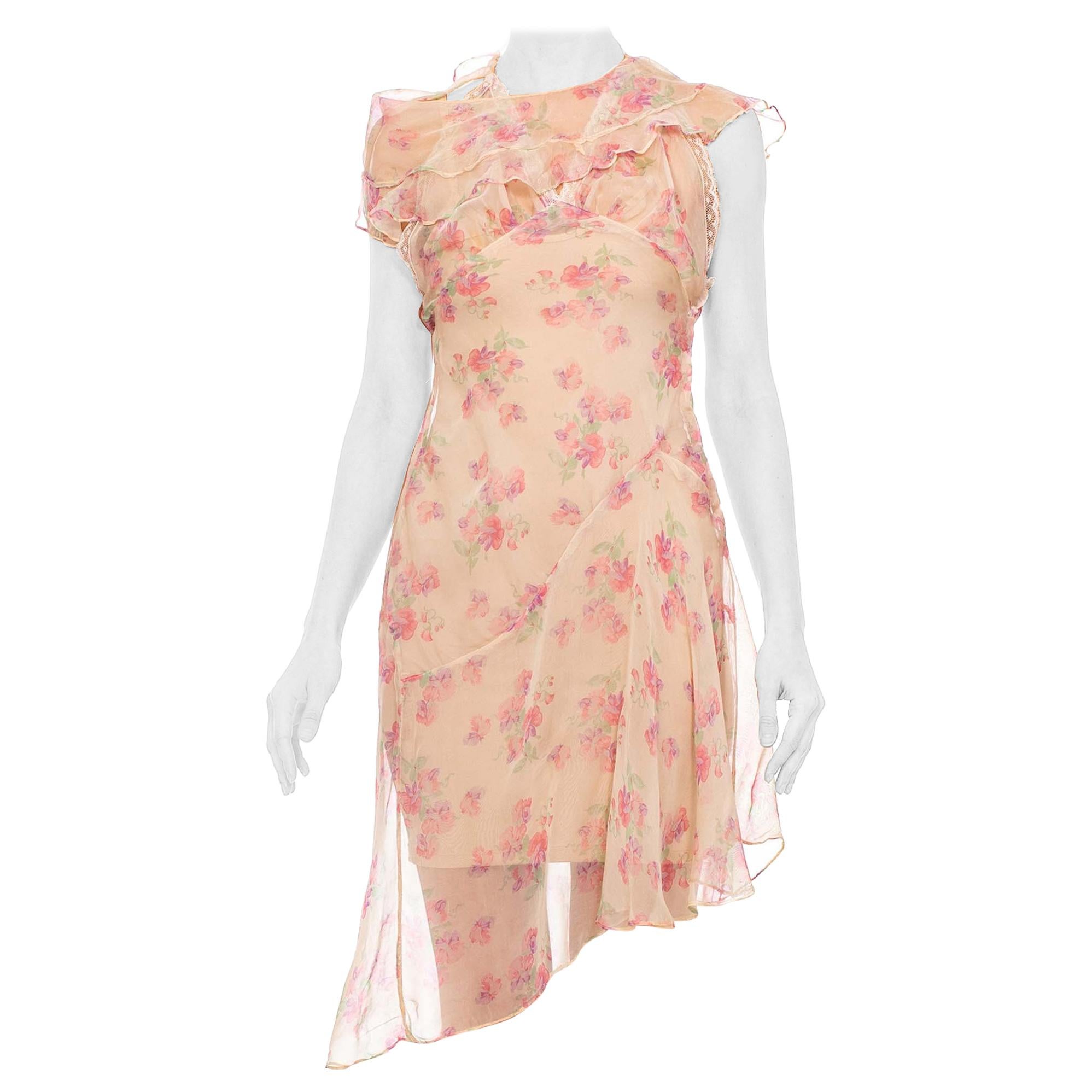MORPHEW COLLECTION Baby Pink Floral Silk Chiffon Dress With Ruffle Cape Back