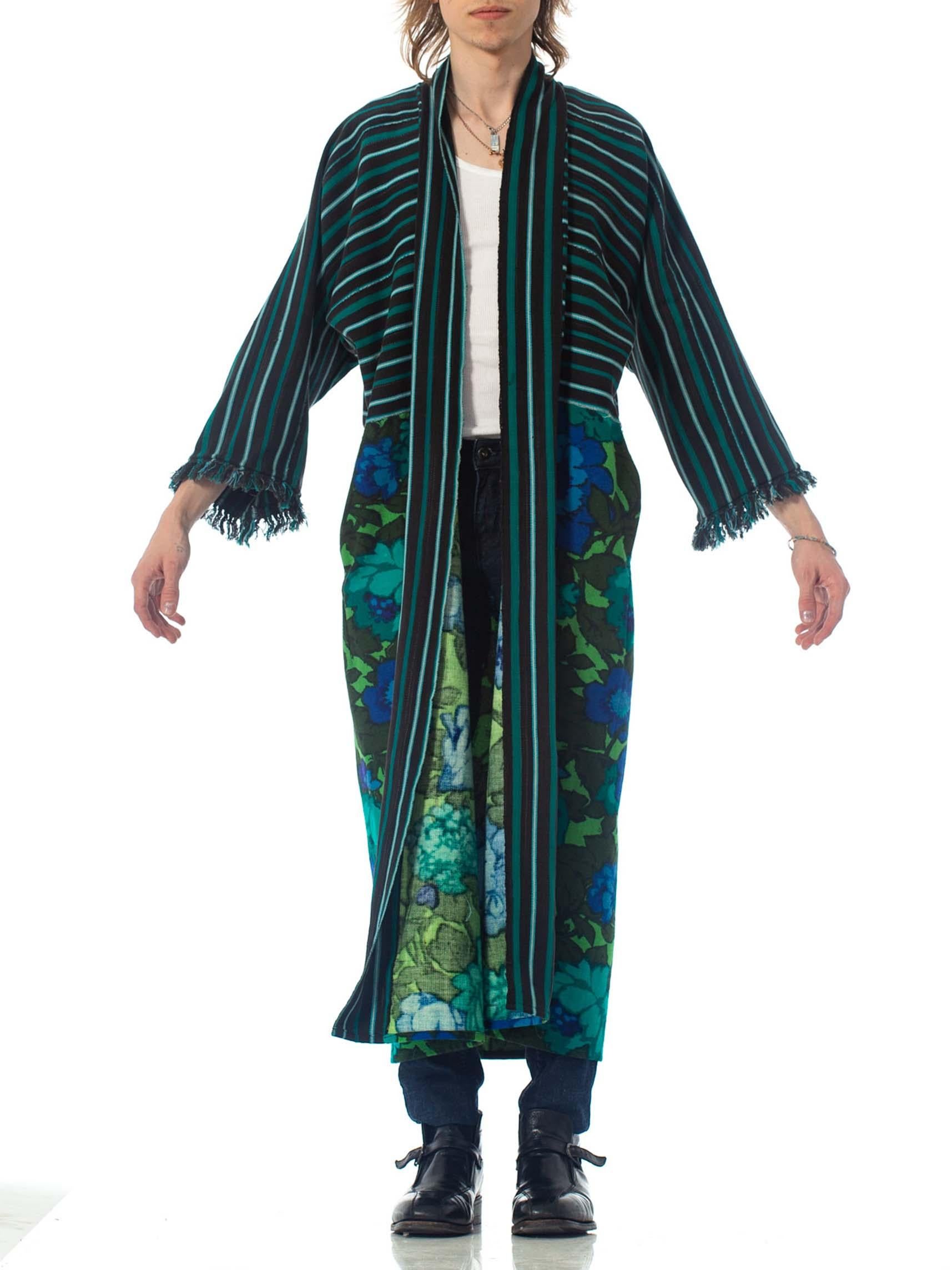MORPHEW COLLECTION Black & Green Cotton Duster Coat Made From African Indigo 1960S Floral Upcycled Fabrics
