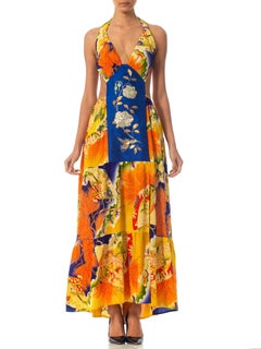 MORPHEW COLLECTION Orange & Blue Gown Made From 1930S Kimono Silk With Slit