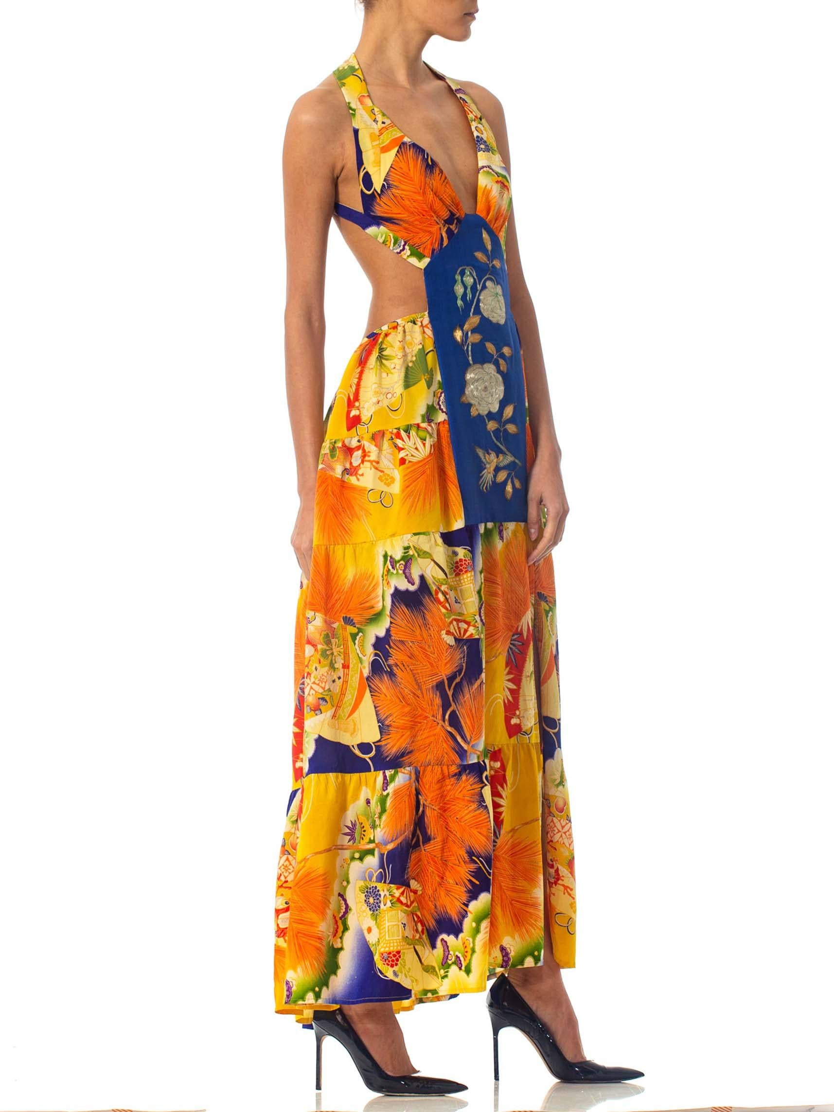 Women's MORPHEW COLLECTION Orange & Blue Gown Made From 1930S Kimono Silk With Slit