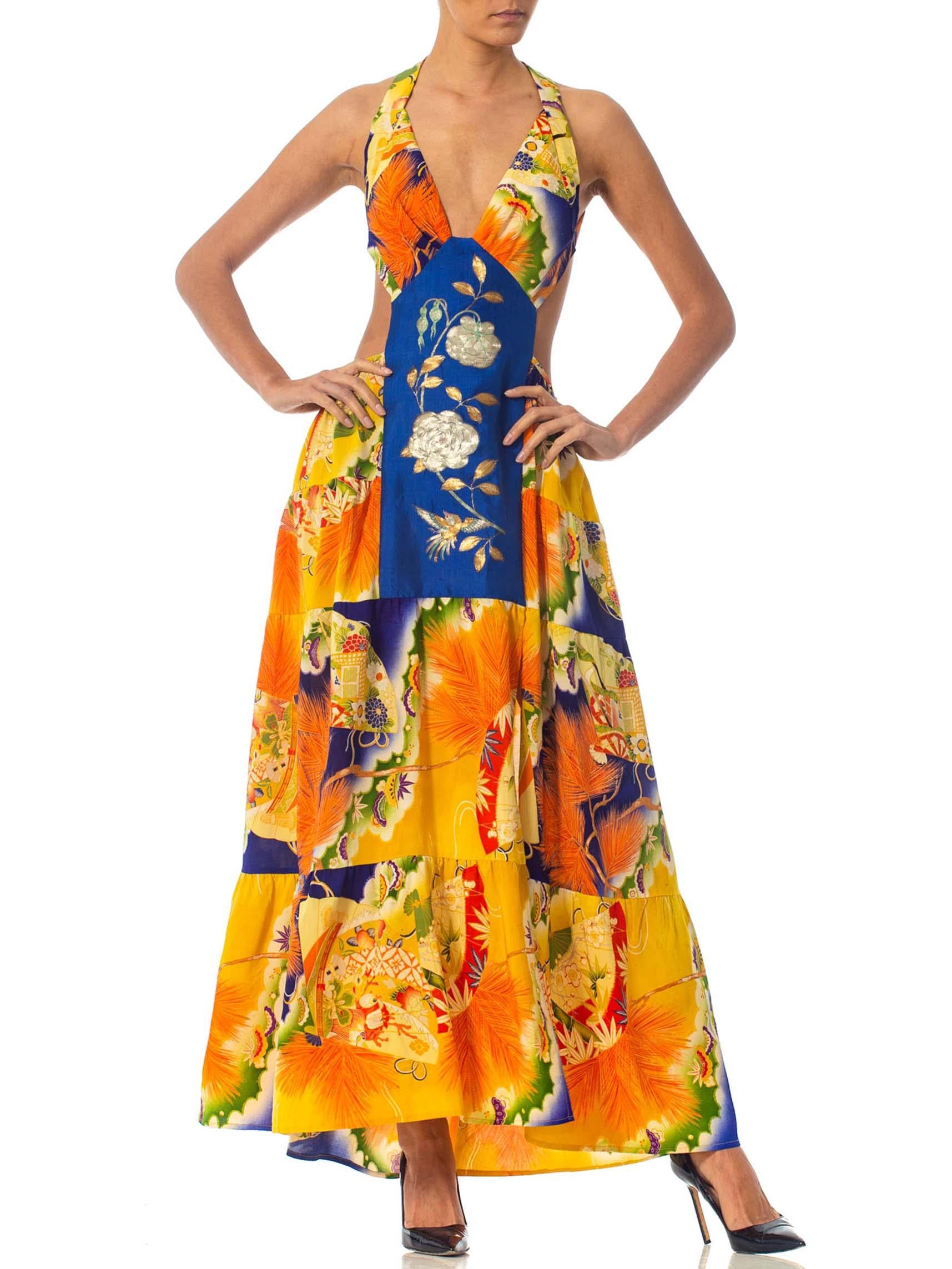 MORPHEW COLLECTION Orange & Blue Gown Made From 1930S Kimono Silk With Slit 1