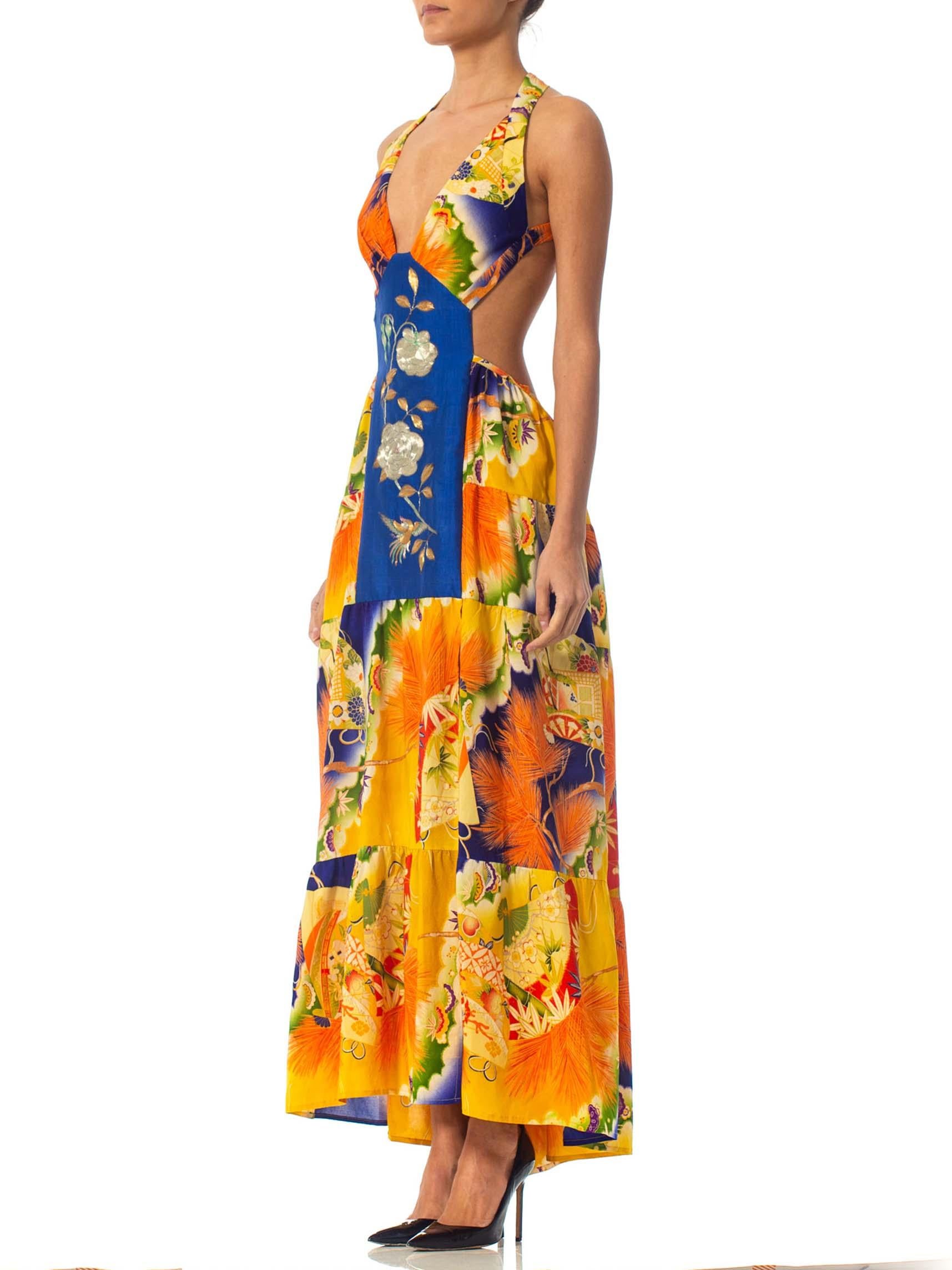 MORPHEW COLLECTION Orange & Blue Gown Made From 1930S Kimono Silk With Slit 3
