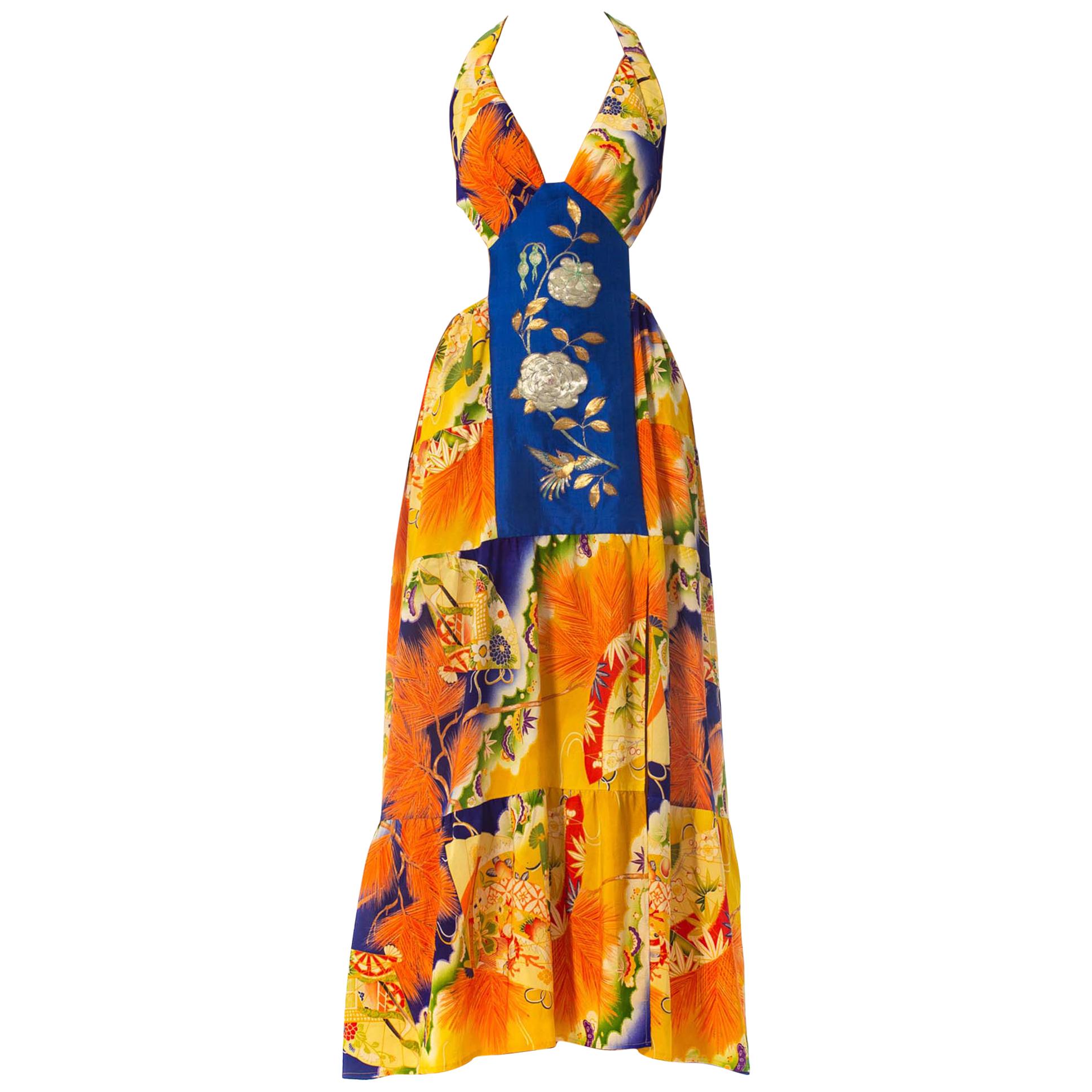 MORPHEW COLLECTION Orange & Blue Gown Made From 1930S Kimono Silk With Slit