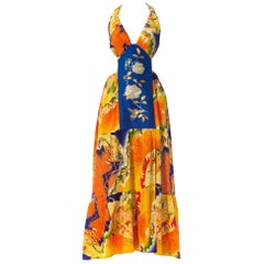 MORPHEW COLLECTION Orange & Blue Gown Made From 1930S Kimono Silk With Slit