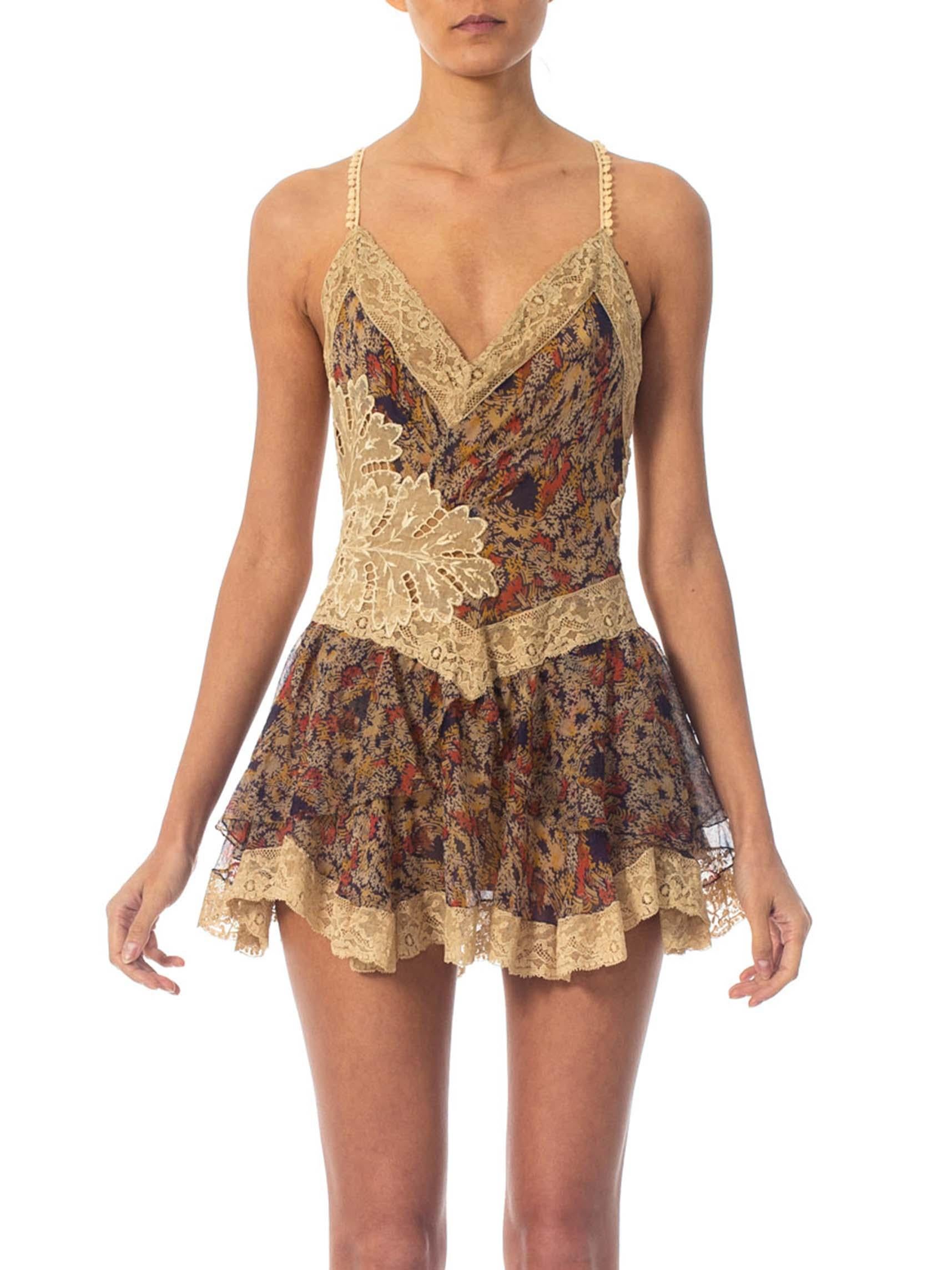 MORPHEW COLLECTION 1920S Silk Chiffon & Victorian Lace Mini Dress Entirely Sewn By Hand