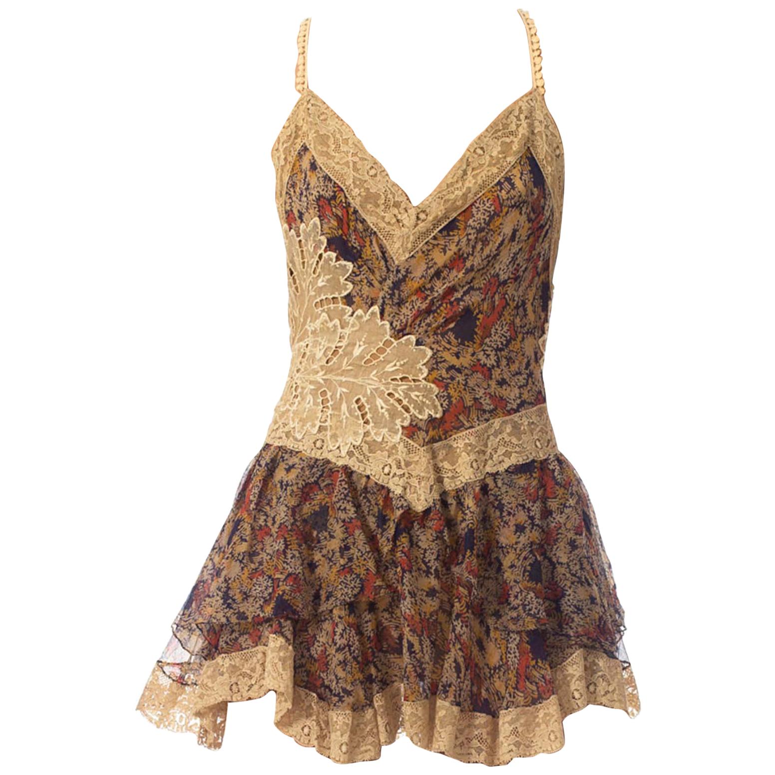 MORPHEW COLLECTION 1920S Silk Chiffon & Victorian Lace Mini Dress Entirely Sewn