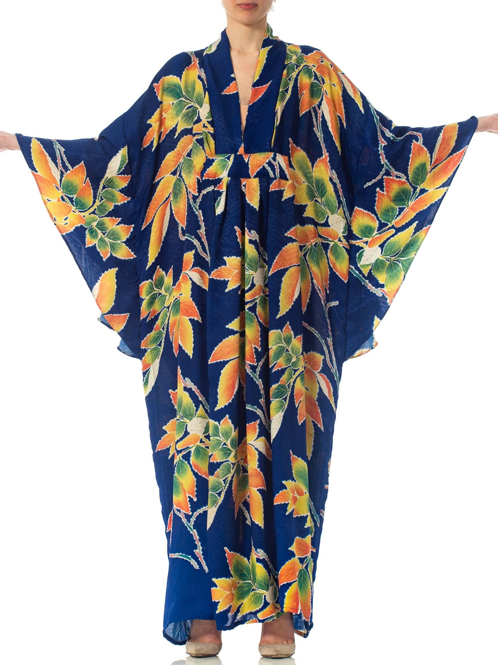 Purple MORPHEW COLLECTION Indigo Blue Tropical Floral Silk Kaftan Made From Vintage Ja