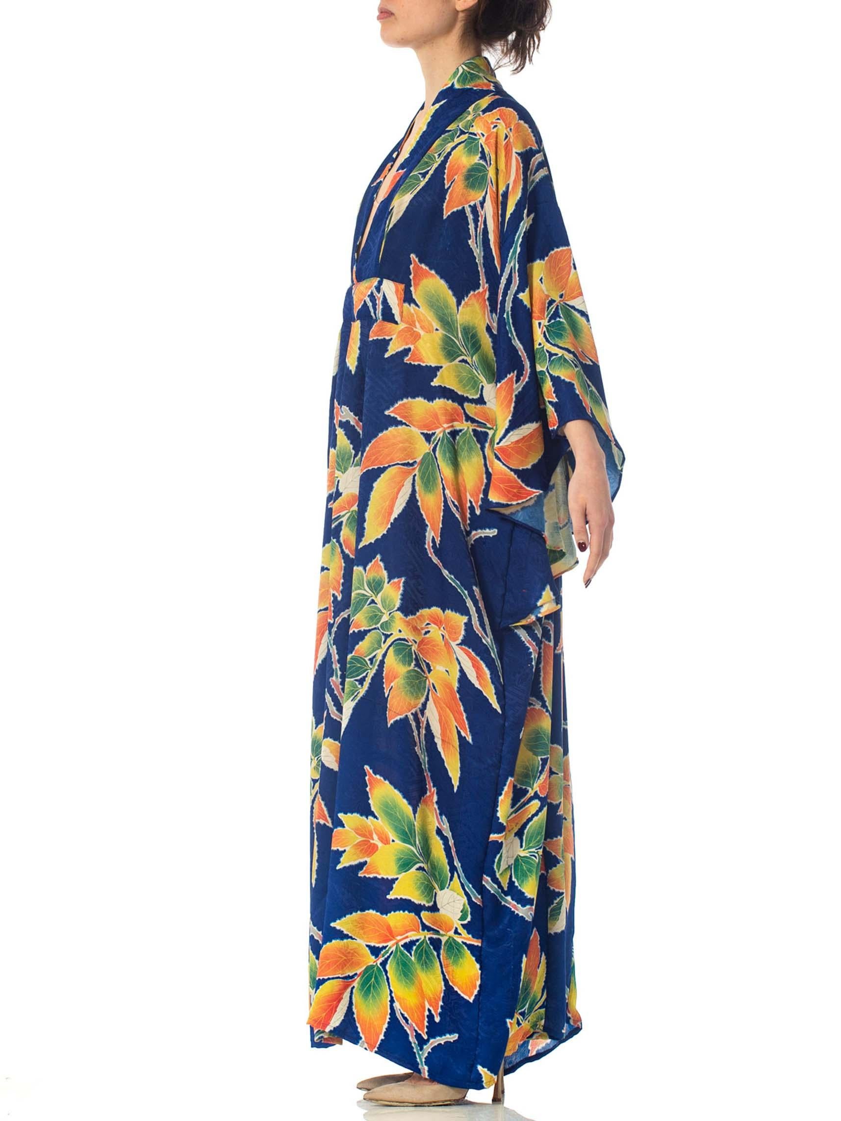 MORPHEW COLLECTION Indigo Blue Tropical Floral Silk Kaftan Made From Vintage Ja In Excellent Condition For Sale In New York, NY