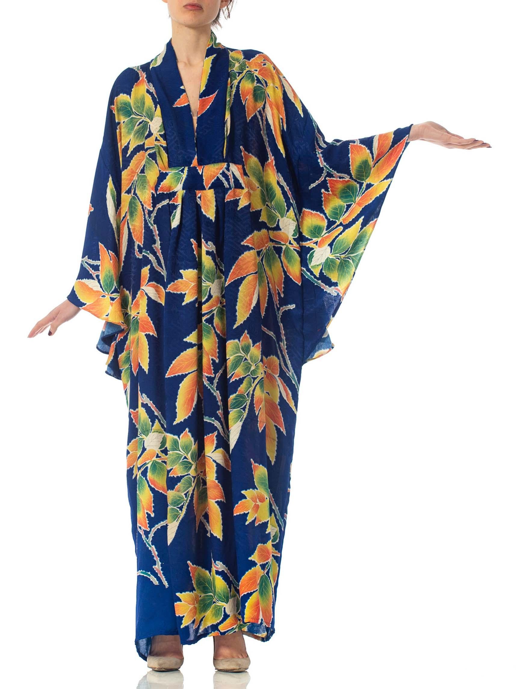 Women's MORPHEW COLLECTION Indigo Blue Tropical Floral Silk Kaftan Made From Vintage Ja For Sale