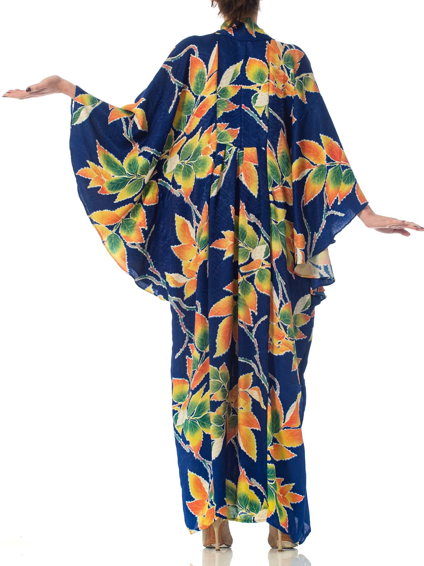 MORPHEW COLLECTION Indigo Blue Tropical Floral Silk Kaftan Made From Vintage Ja 1